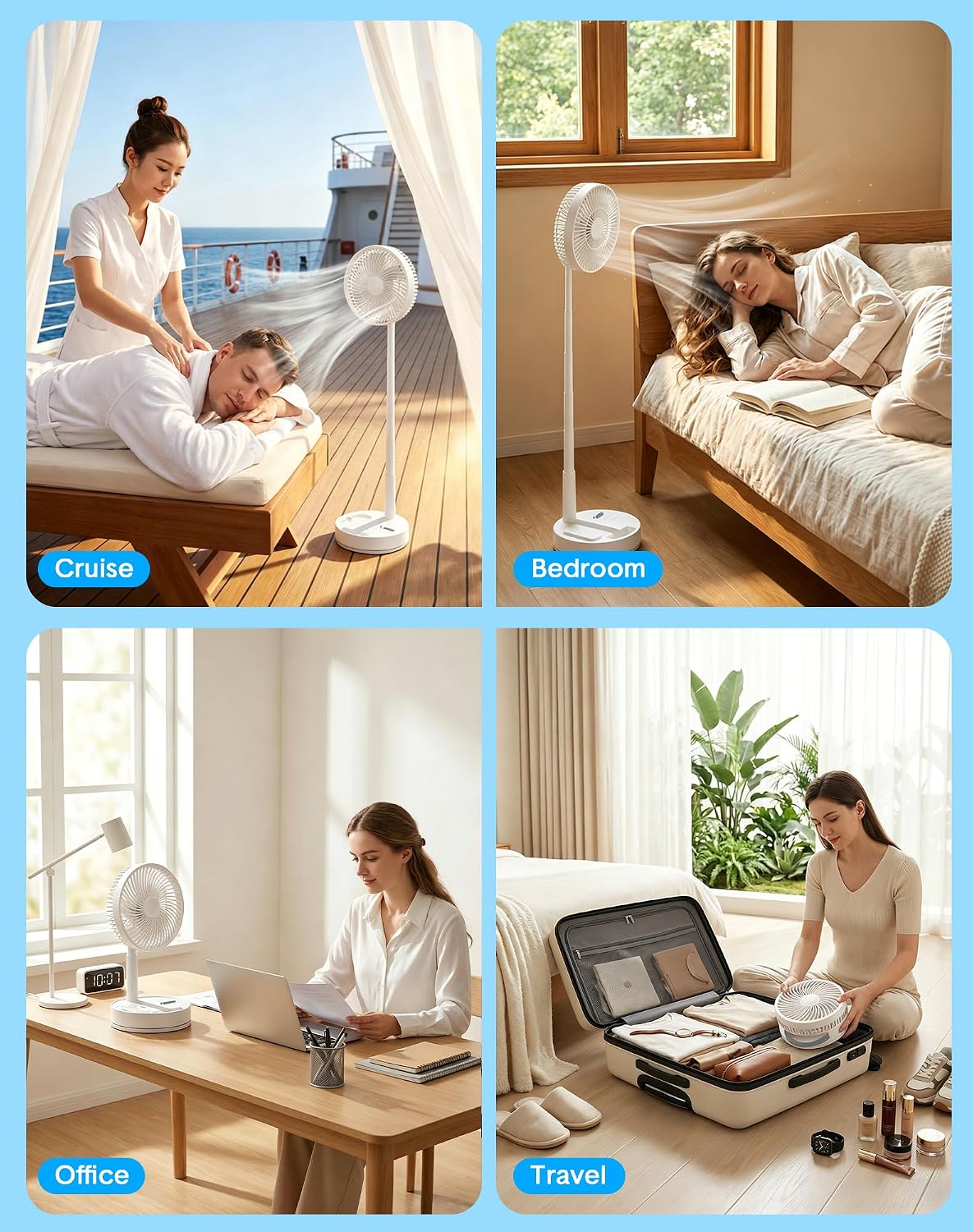 Portable Rechargeable Oscillating Travel Fan - 8" 8000mah Battery Operated | USB Standing Quiet Fans for Bedroom, Remote Folding Pedestal Floor Foldable Ventilador, Cruise Camping Table Desk Room, White