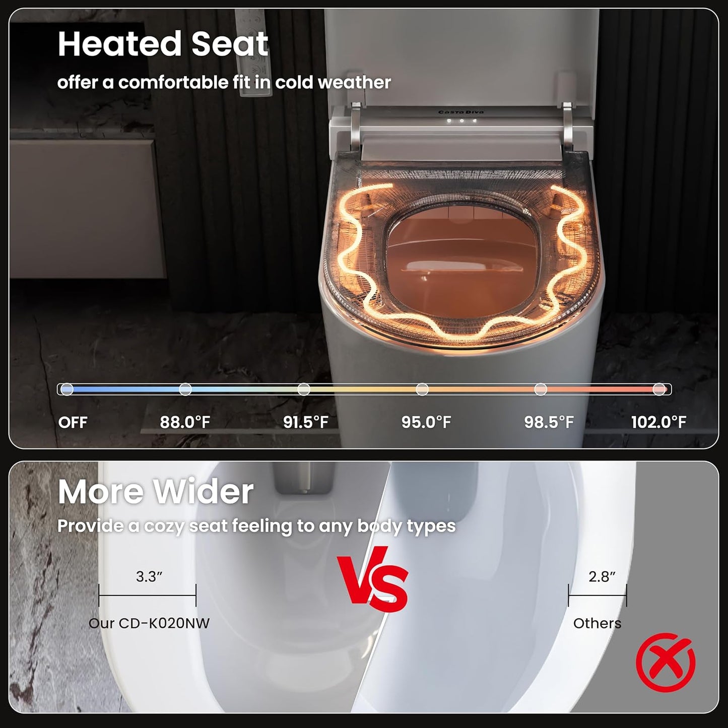 Casta Diva Smart Toilet with Bidet Built in, Foot Sensor, 1.28GPF(CD-K020) | Bidet Toilet with Wider Heated Seat, Warm Water & Dryer, Auto Flushing, Night Light, Remote Control