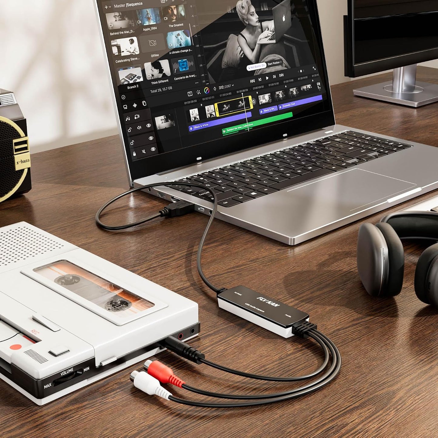 USB 2.0 Audio Grabber with USB-C Adapter – Analog to Digital Converter, Dual RCA/3.5mm Inputs, Vinyl/Cassette to MP3 USB Capture Card for PC/Mac/Linux