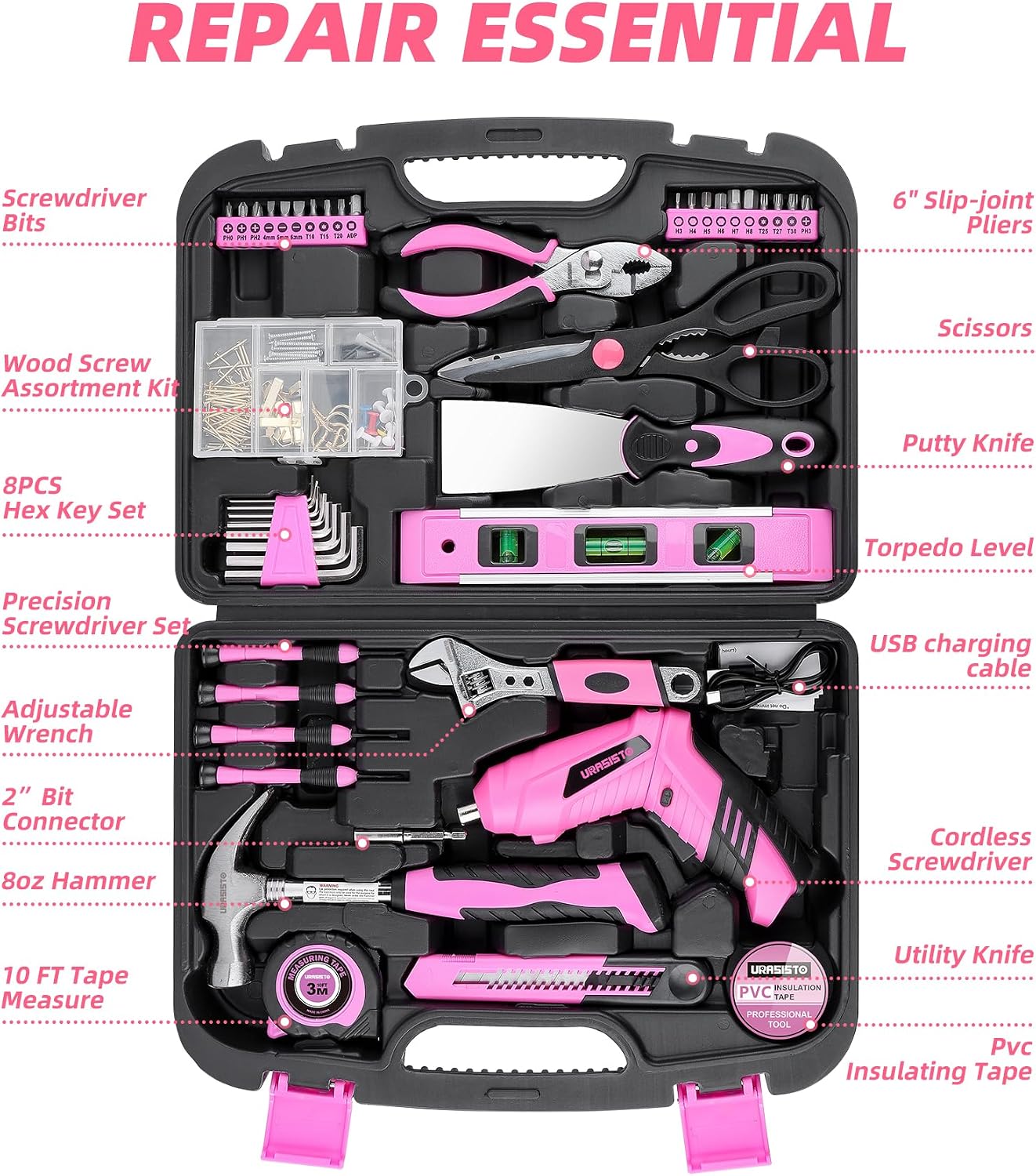 URASISTO Pink Household Tool Set with 3.6V USB Electric Screwdriver, 136 PCS Home Tool Kit with Cordless Lithium-ion Drill Driver, Hand Tool Kits for Women