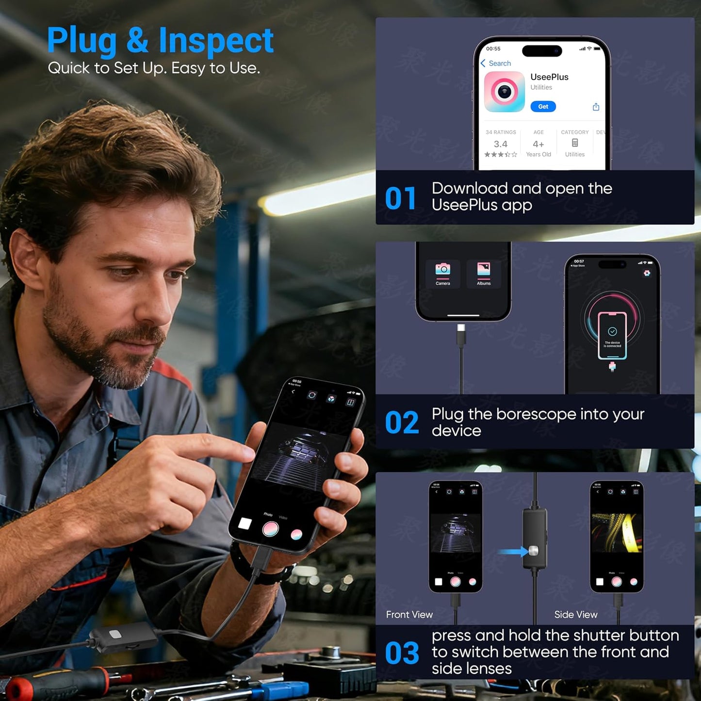 Endoscope Camera with Light,1920P HD Borescope with 8 Adjustable LED Lights | Endoscope with Semi-Rigid Snake Cable, IP67 Waterproof Inspection Borescope for iOS and Android-16.4ft Single Lens