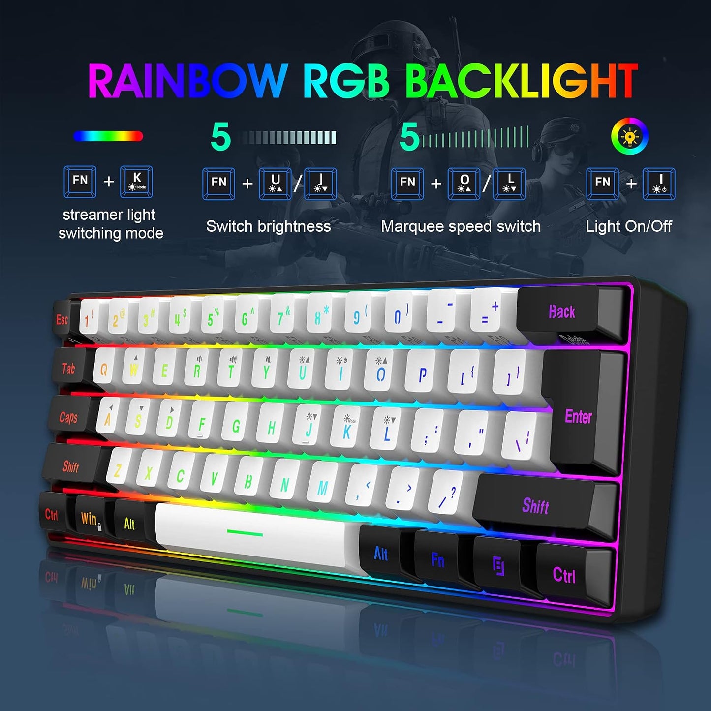Snpurdiri 2.4G 60% Wireless Gaming Keyboard and Mouse Combo, Black-White | Include Mini 60% Gaming RGB Backlit Keyboard, Ergonomic Vertical Feel Small Wireless Mouse