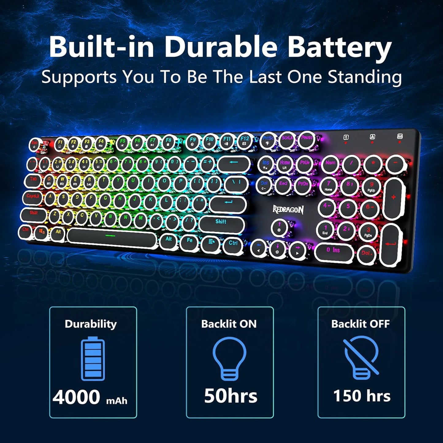 Redragon Wireless Typewriter Style Mechanical Gaming Keyboard, Black | Bluetooth/2.4Ghz/Wired, RGB Led Backlit, Blue Switch - Clicky, Rechargeable 4000mAh, Solid Metal Panel, Round Keycaps