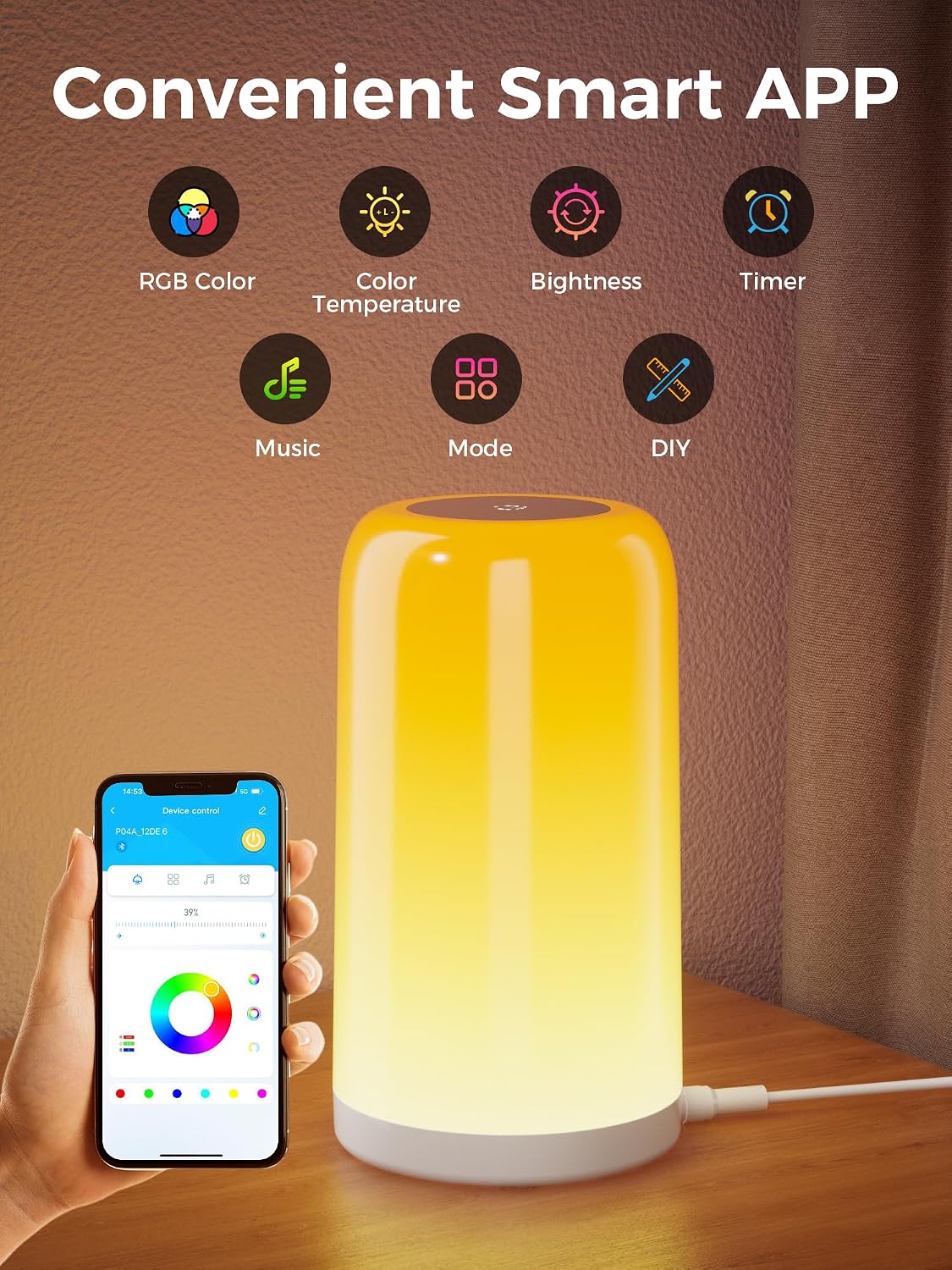 VOLIVO Smart Touch Bedside Lamp, Bluetooth App Control, Dimmable &amp; Timer | Bluetooth APP. 16M RGB + 2700K-6500K. 5%-100% dimming. Timer for sleep/wake. For bedroom, nursery &amp; office.