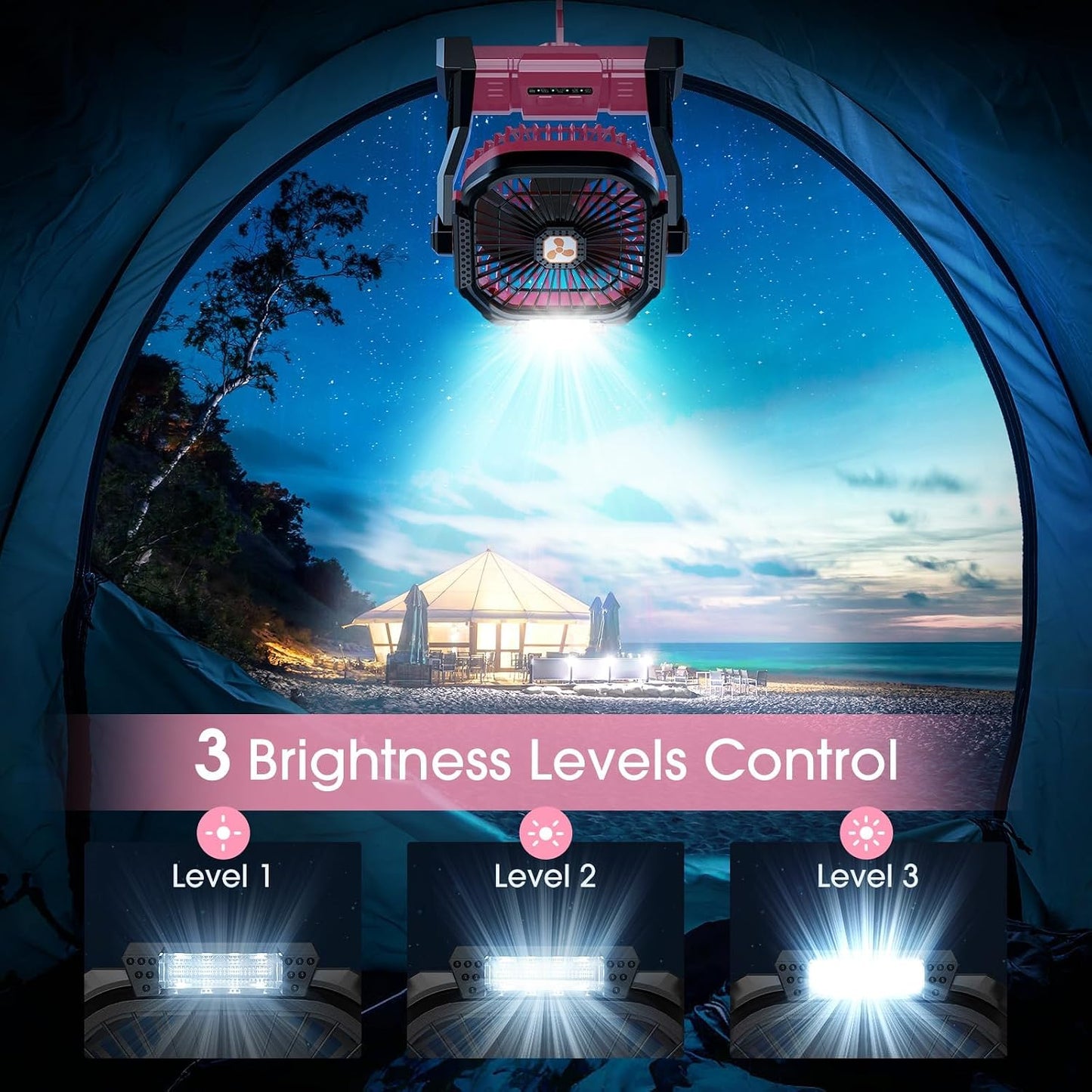 Portable Fan Rechargeable 20000mAh Cordless Battery Powered Camping Fan | with LED Lantern, Small Table Fan, USB Battery Operated Fans for Travel Bedroom Home Camping Tent Office Beach Desk Pink