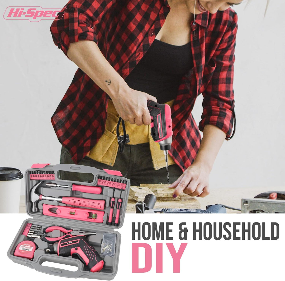 Hi-Spec 3.6V USB Electric Screwdriver for Home Repairs and Assembly, Pink | 35pc, fast assembly help, common screw bit selection, LED visibility, compact grip, quick household fixes, organized storage