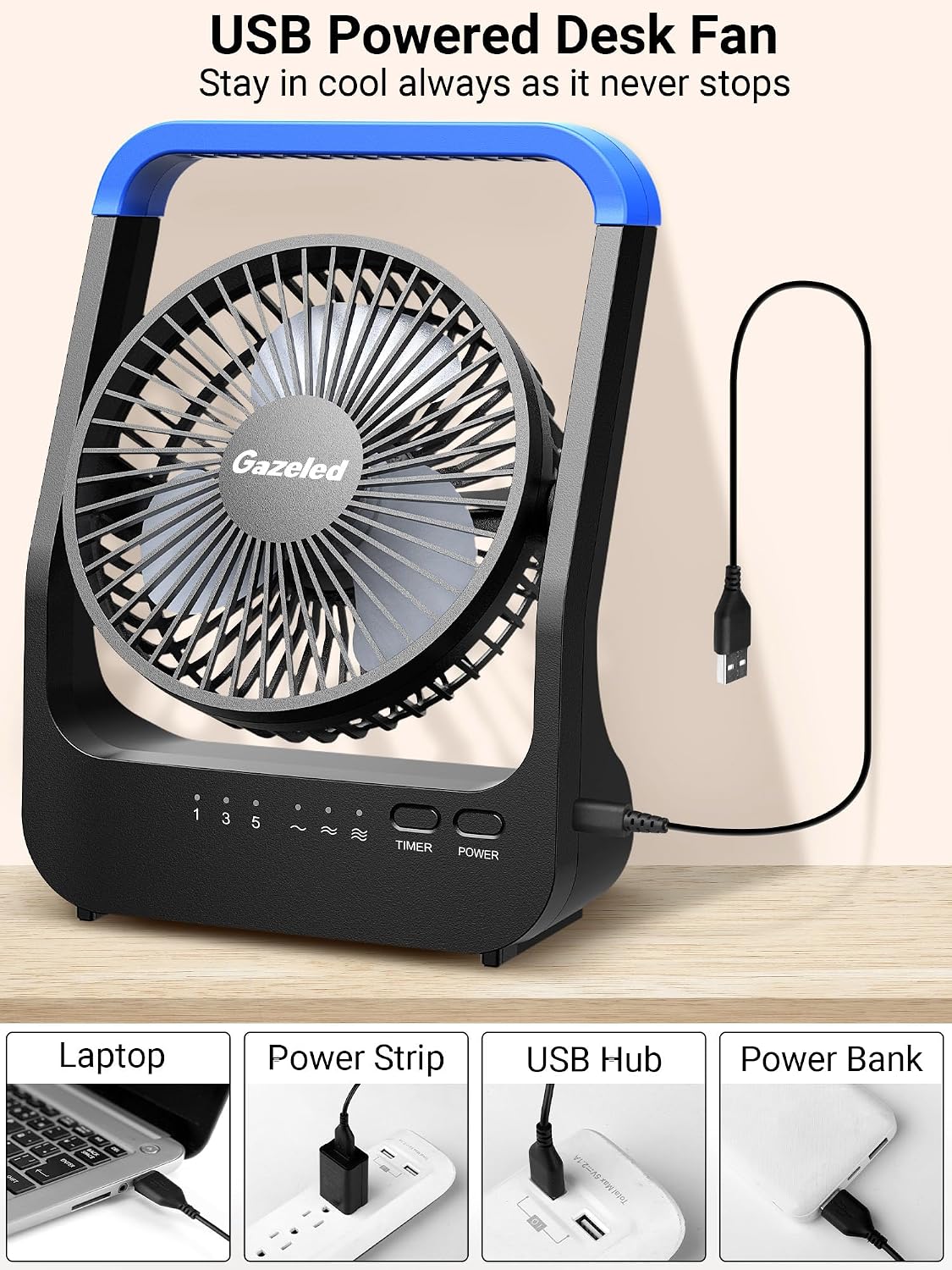 Gazeled Battery Operated Fan, Camping Fan Battery Powered, Super Long Lasting, 5'' Portable D-Cell Battery Powered Desk Fan with Timer, 3 Speeds, Quiet, 180° Rotation, for Office,Bedroom,Outdoor, F24