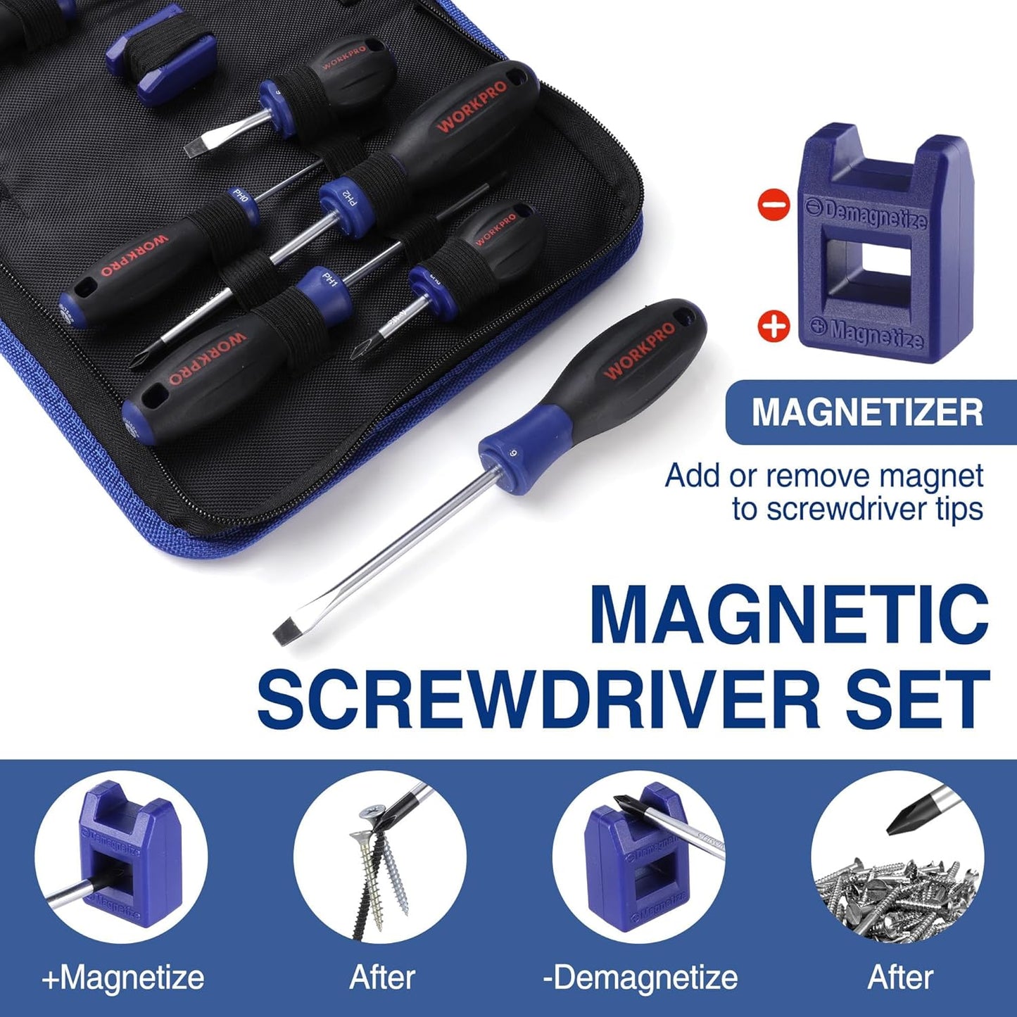 WORKPRO 10-Piece Magnetic Screwdriver Set with Pouch | Phillips, Slotted, and Flathead Screwdrivers with Non-Slip Grip for Home Repair and DIY Projects, Magnetizer Included