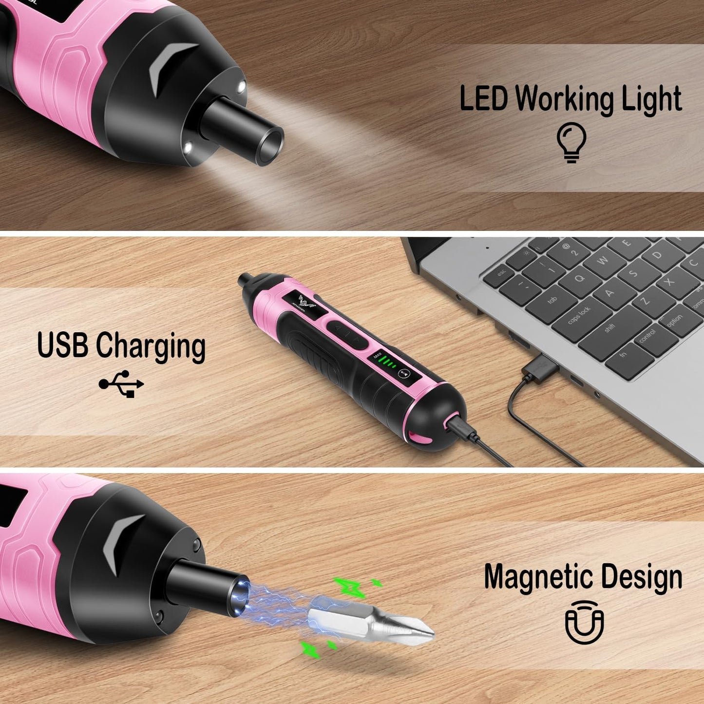 3.6V Electric Screwdriver Rechargeable, Cordless Screwdriver | Type-C Charging, 105 Pcs & Storage Box – Home DIY, Assembly, Furniture Installation, Repairs, Pink