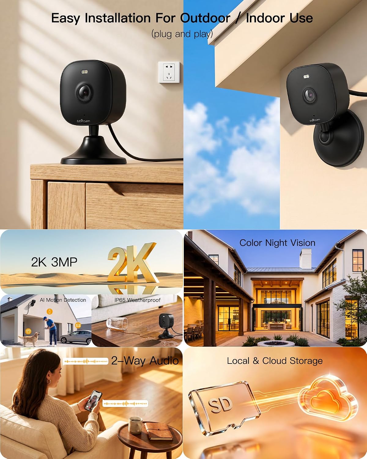 2K Cameras for Home Security, Plug-in Security Camera Outdoor/Indoor w/Color Night Vision&Motion Detection for Baby/Pet/Vehicle Monitor, 5G/2.4GHz Dog Camera w/2-Way Audio/Cloud&SD Card Storage