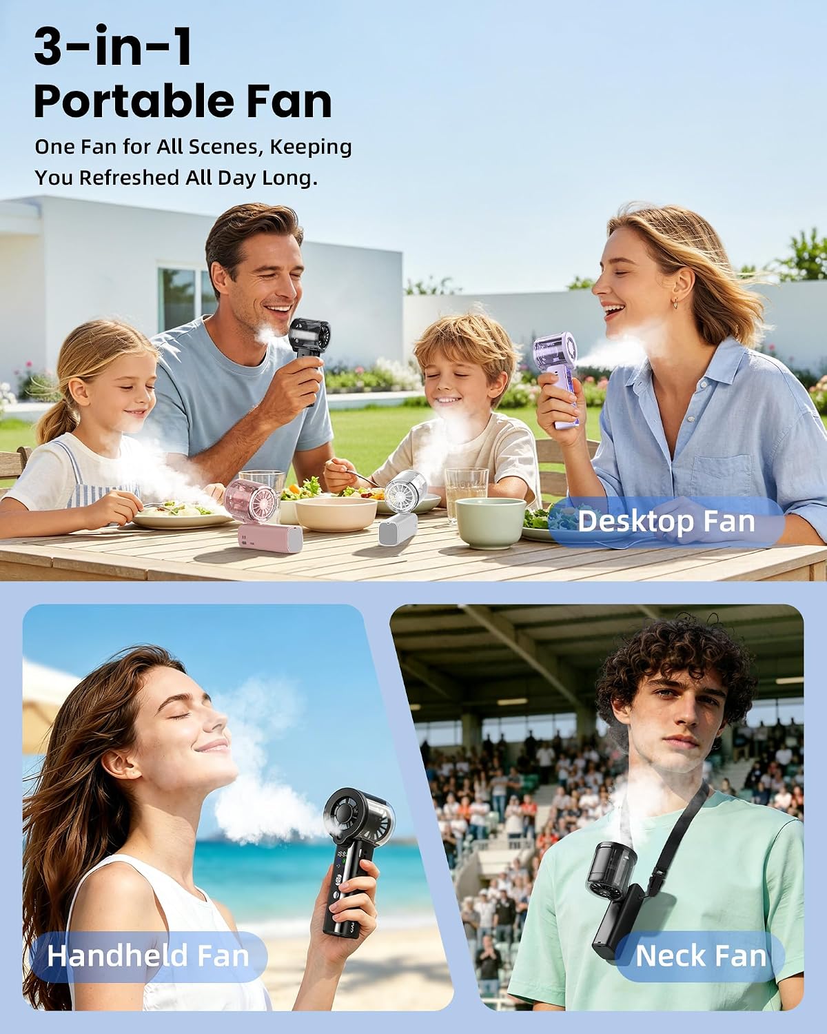 Portable Misting Fan with Mist, 3-in-1 Rechargeable Handheld 4000mAh | Adjustable mist mode, 100-speed wind control, LED display, power bank function, 30000RPM, compact & lightweight