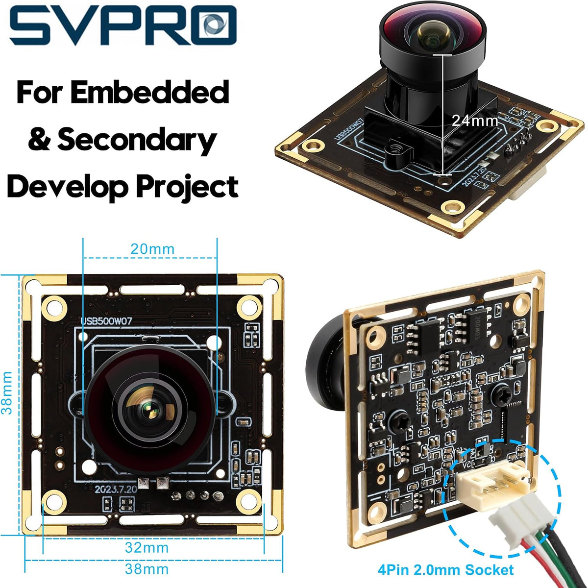 SVPRO 5MP USB Camera Module, 1944P 30fps, Wide Angle, M12 Fisheye Lens, IMX335 Sensor, UVC Plug & Play Industrial Webcam for Security, 3D Printers, Lightburn Camera for Windows/Mac/Linux/Android