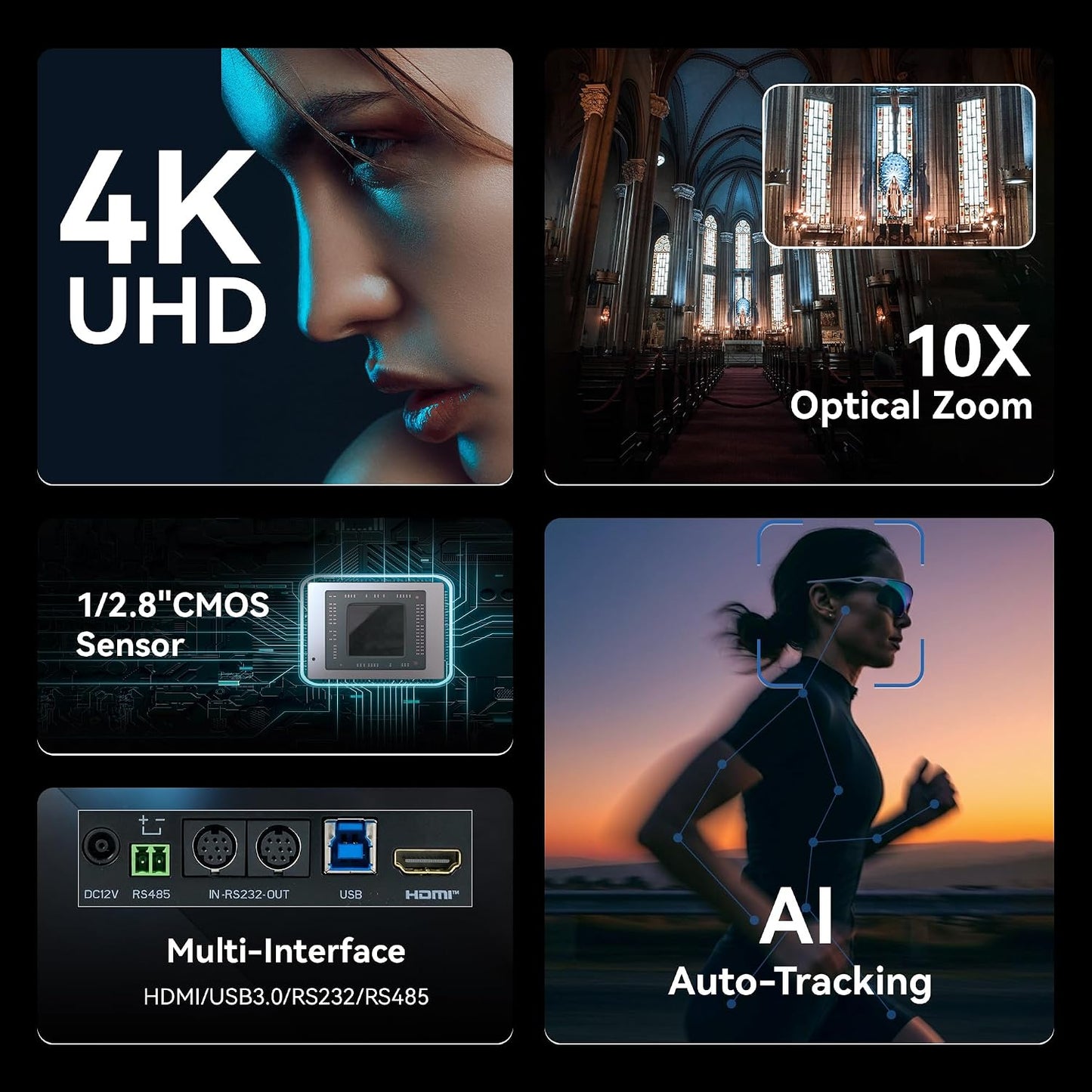 TONGVEO AI 4K PTZ Camera with Auto Tracking, 10X Optical Zoom Video Conferencing Camera, HDMI & USB 3.0 Plug and Play Webcam for Zoom, Teams, Church Worship, Live Streaming, Education
