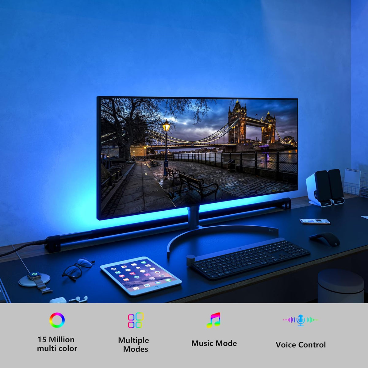 Under Monitor RGB Light Bar, LED for Desk Gaming Setup, Plug in Keyboard Light, White and Million Color Bias Lighting, Wireless Remote, Alexa Smart LED Lights for Room Decor, Desk PC TV(24 INCH)