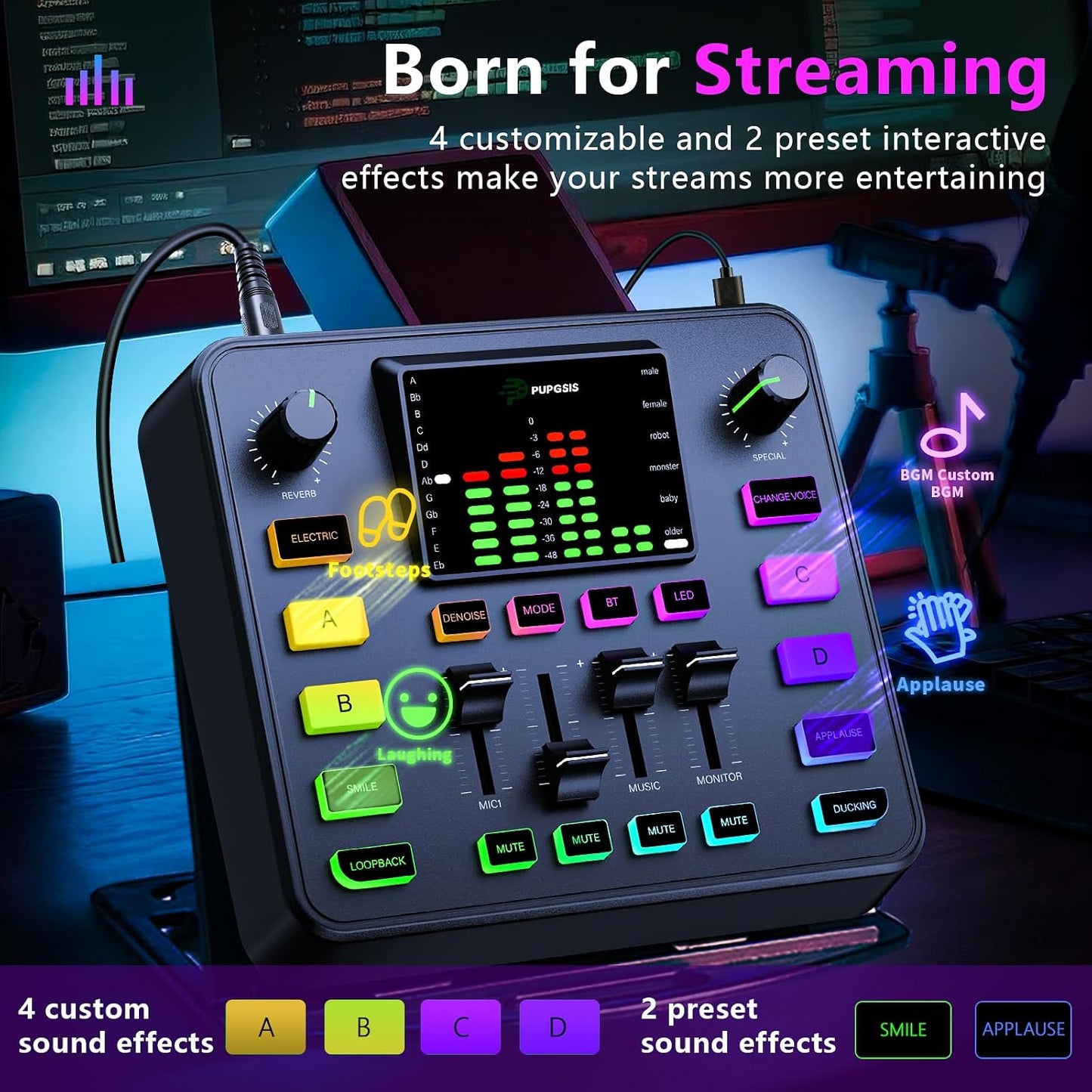 Podcast Equipment Bundle, Audio Mixer with Dynamic Microphone for PC, Gaming Equipment Set for Podcast Recording, Changer Voice/Denoise/Reverb/Bluetooth,Live Streaming, Video Vocals（Phone/PS5)