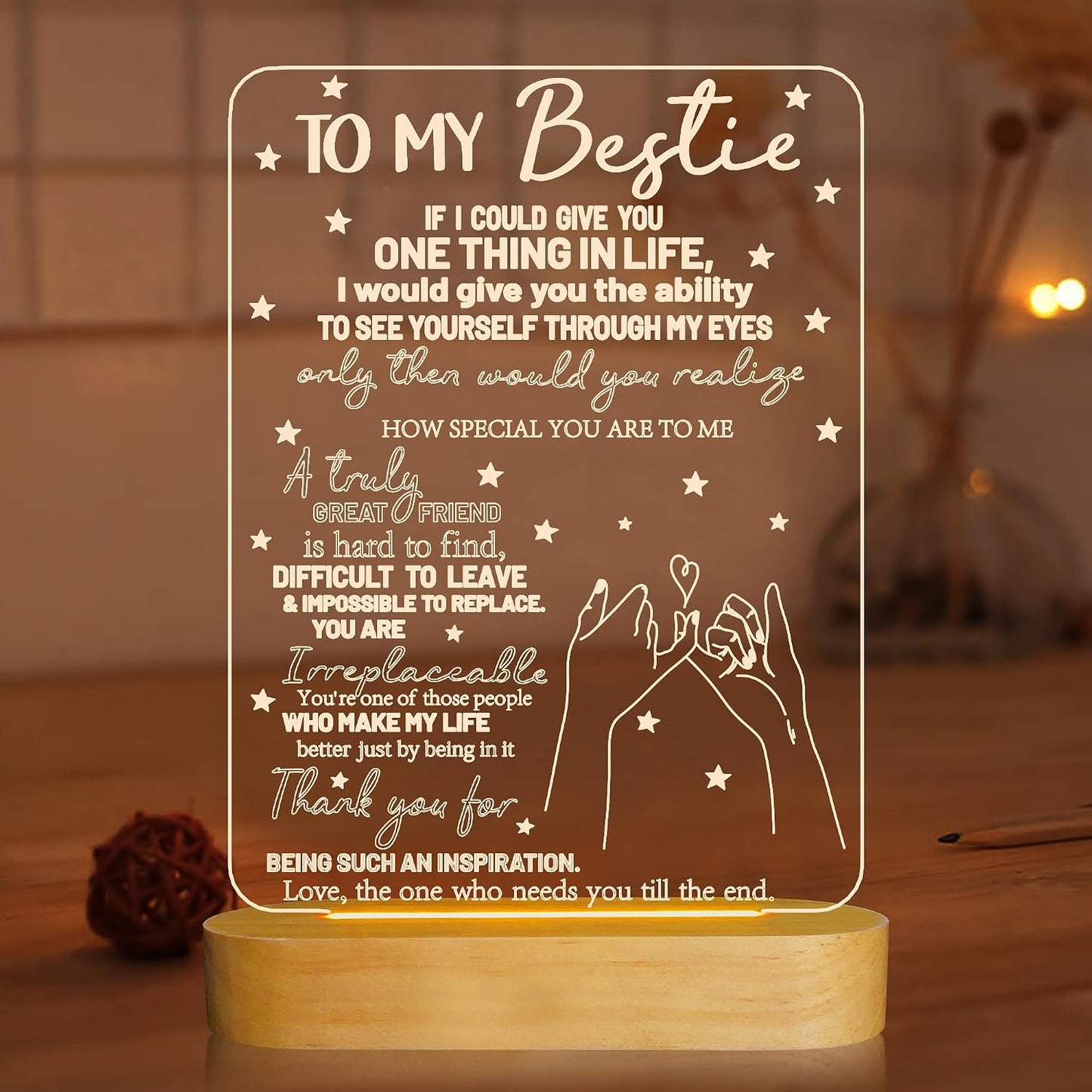 to My Bestie Gifts, Best Friend Gift for Women | Bestie Gift for Women Bestfriend Sister BFF Birthday Christmas Anniversary White Elephant, Soft Warm Color Wooden Table Lamp