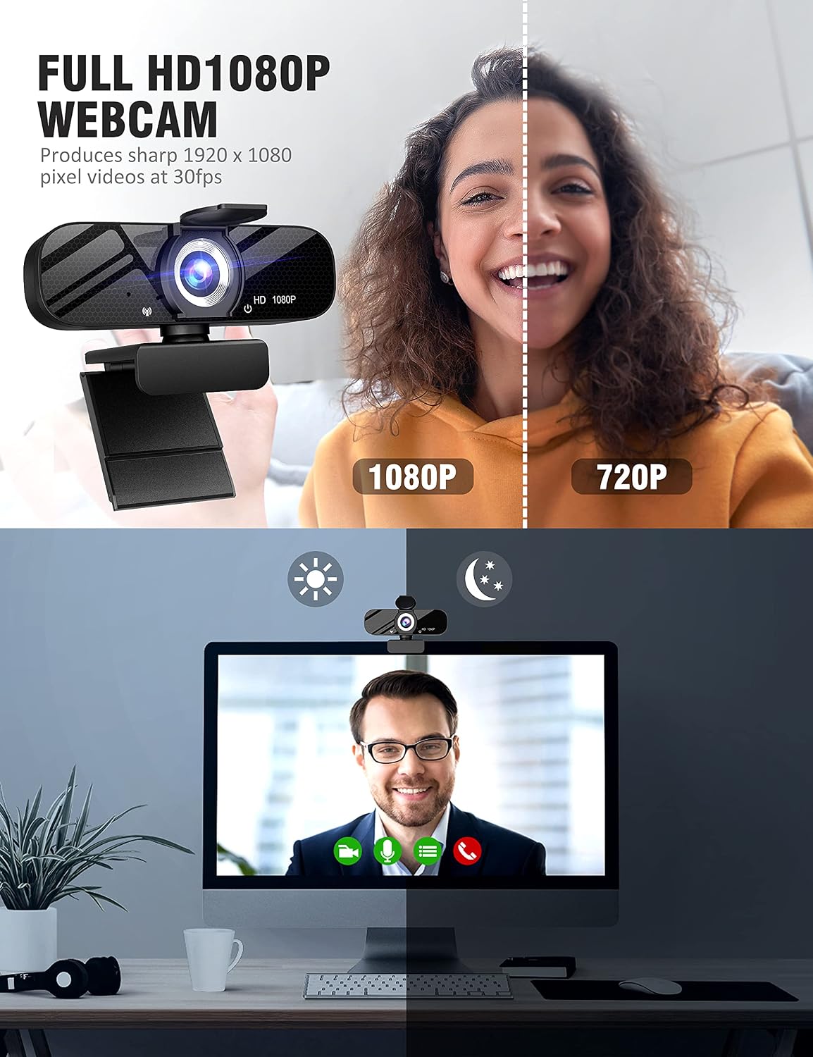 HD Pro PC Webcam, Full HD 1080p/30fps Video, Clear Audio, 120° FOV, Light Correction, Works with Microsoft Teams, Google Meet, Zoom, Mac/Laptop