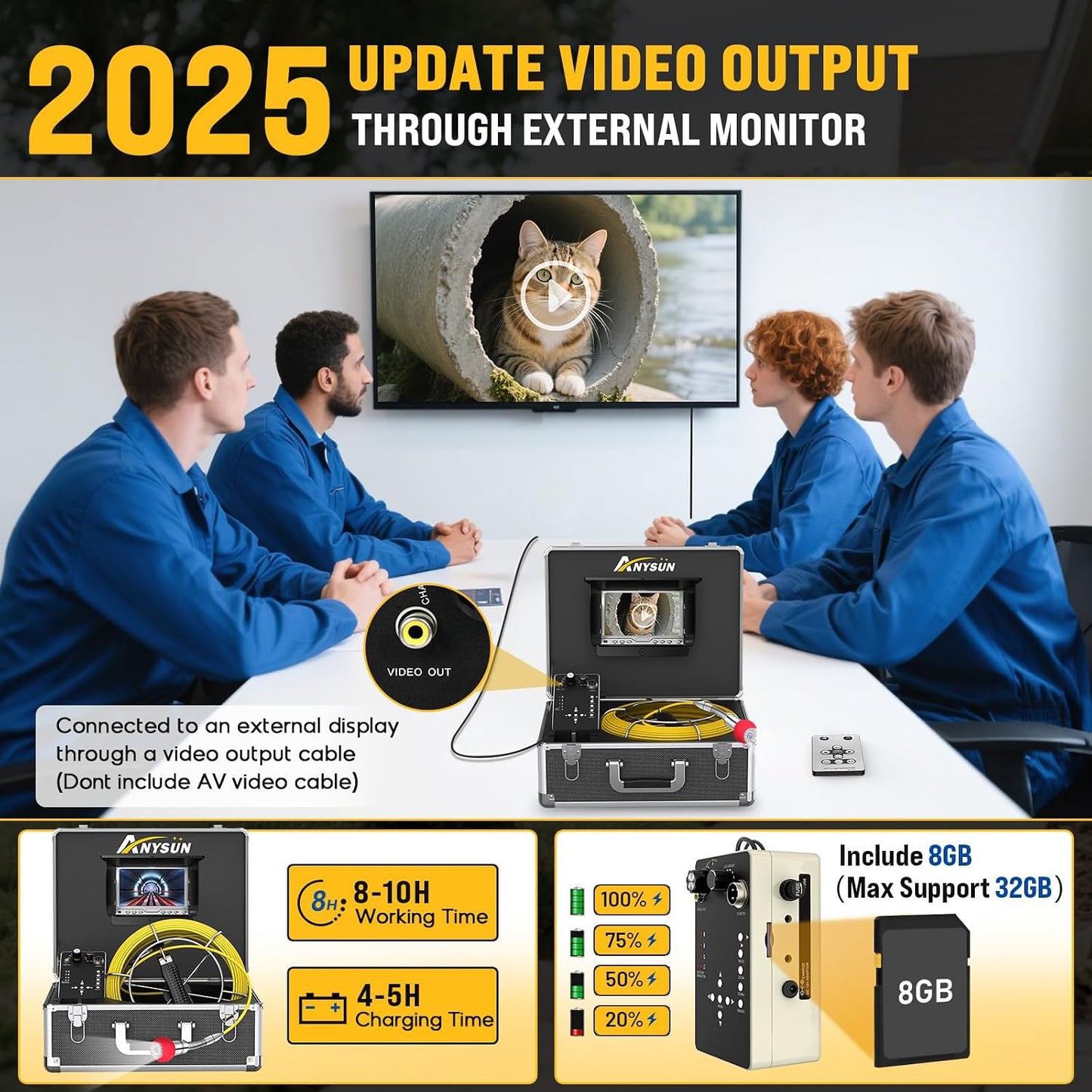 Sewer Camera 100FT, Can Connect External Monitor, Zoom in and Out, IP68 Waterproof, 12 pcs Adjustable Light, Plumbing Snake Cam with DVR Pipe Video Inspection, for Sewer Line, Drain, Duct, Plumbing