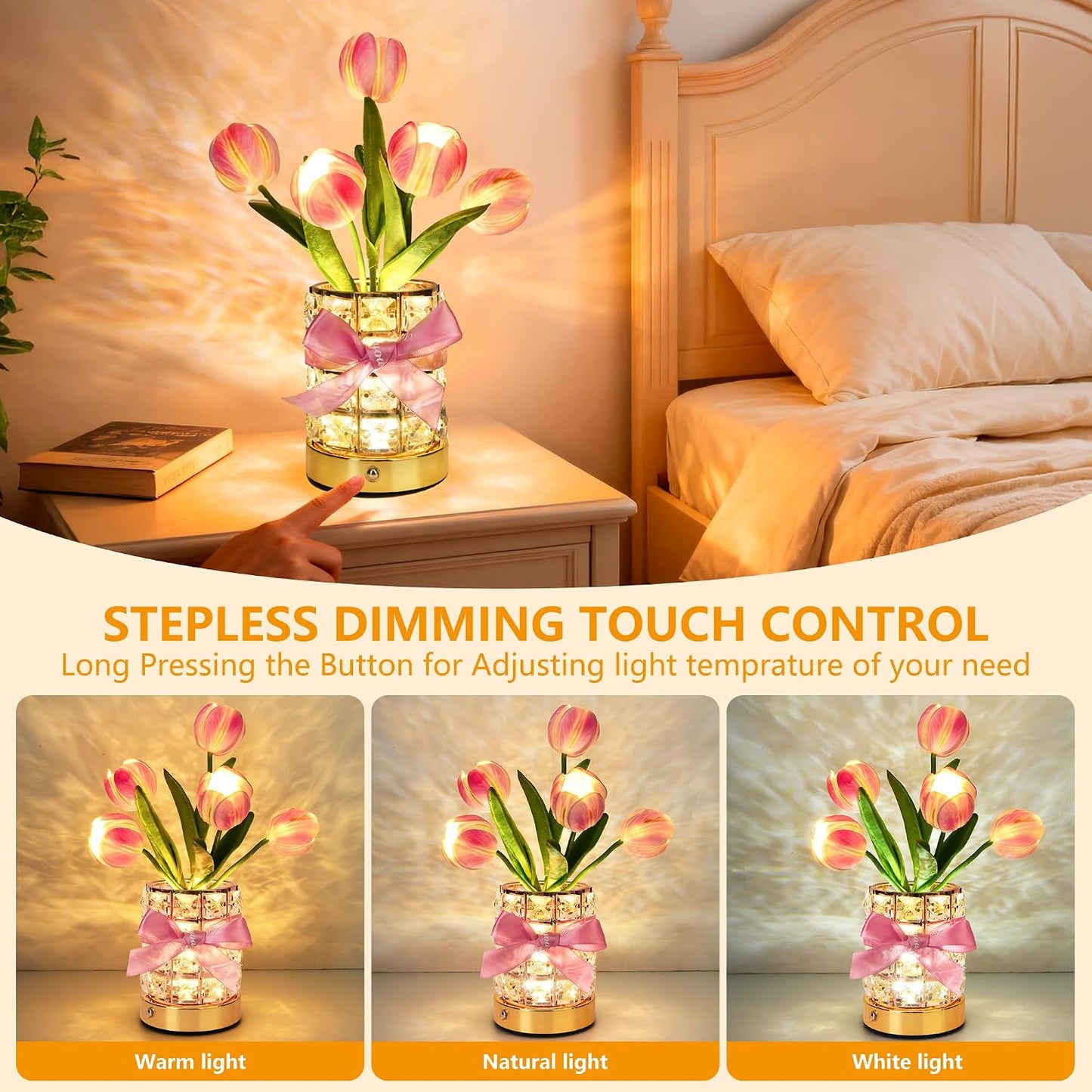 Handmade Flower Lamp,Rechargeable Cordless Touch Table Lamp,3-Colour Infinitely Dimming Small Night Light,Festival Restaurant Bedroom Bar Coffee Shop Birthday Gifts for Women Mom, Tulip Flower