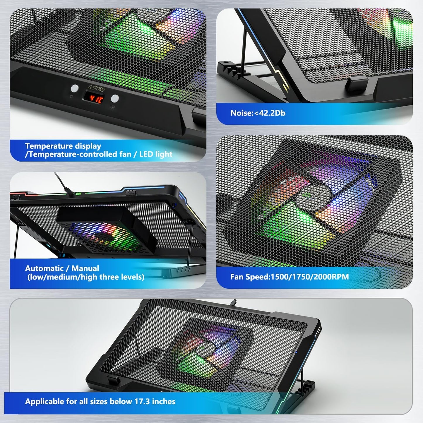 G-STORY Laptop Cooling Pad, RGB Movable Fan Auto Speed Adjust Fit 12-17.3"