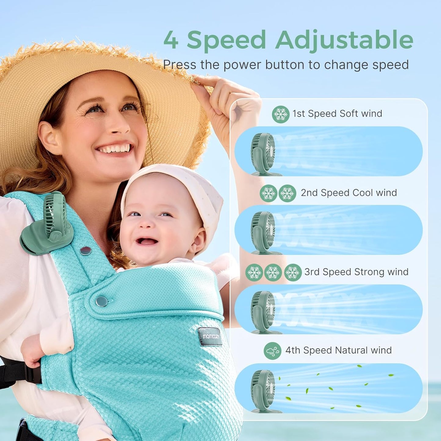 Momcozy Portable Stroller Fan with Clip, 4-Speed Mini Cooling Fan, 0.26 Lb | Ultra-Light Rechargeable Design, Gaps ≤ 4.5 mm, Rotating Handheld Cooling for Carriers, Backpacks and Tables