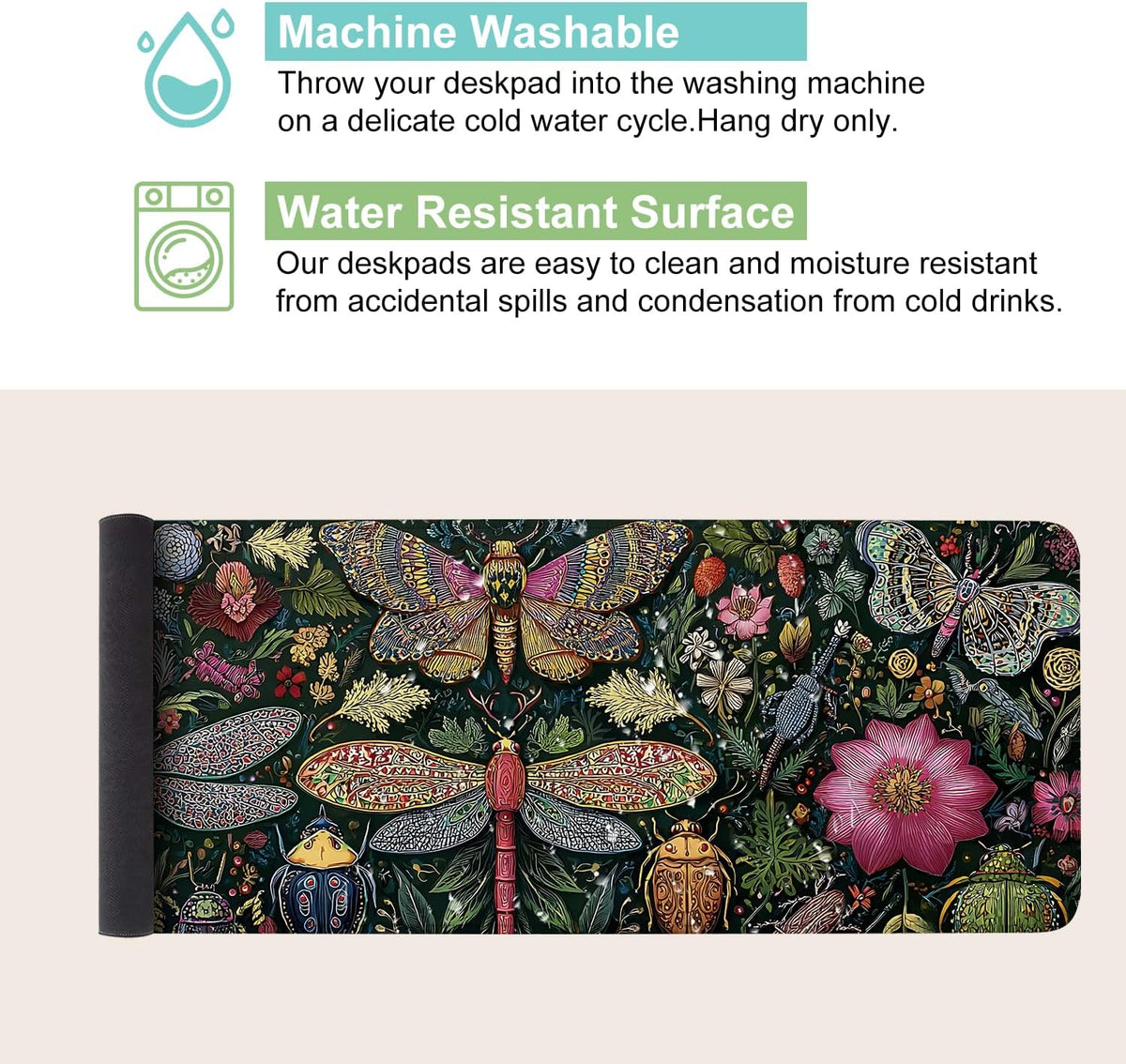 Desk Mat, XXL Extended Gaming Pad for Desktop, 31x12 Inches Butterflies and Dragonflies Garden Scene, Large Non-Slip Vegan Leather Keyboard Mouse Mat for Home Office