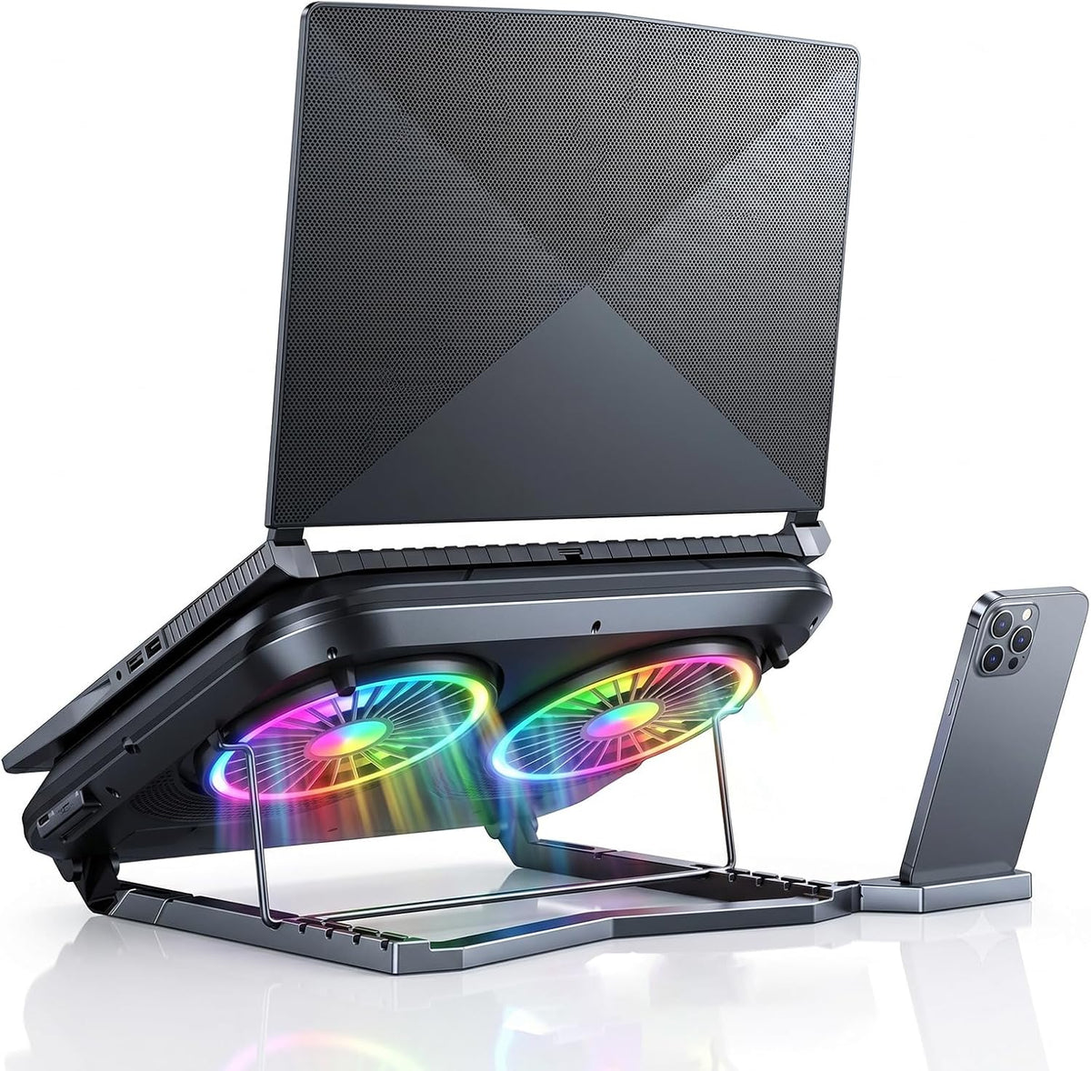 Dual-Core Gaming Laptop Cooling Pad, 9500 RPM Turbofans Smart LED Display Fast Cooling Laptop Cooler for 12-21in Laptops 5 Height Stands 100 Gear Speed RGB Light Phone Holder (Black)