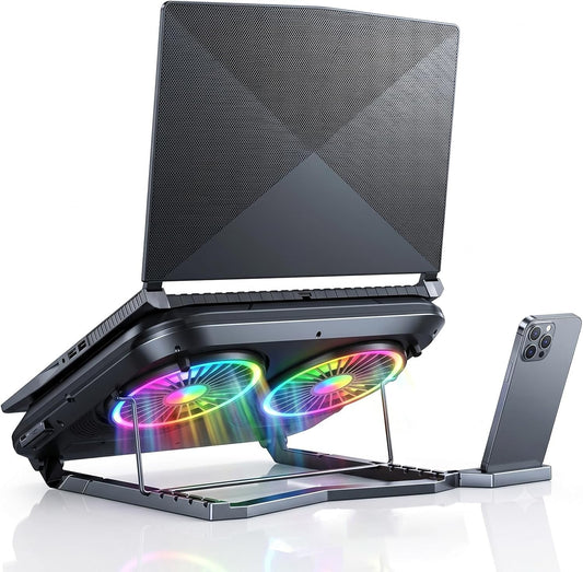 Dual-Core Gaming Laptop Cooling Pad, 9500 RPM Turbofans Smart LED Display Fast Cooling Laptop Cooler for 12-21in Laptops 5 Height Stands 100 Gear Speed RGB Light Phone Holder (Black)