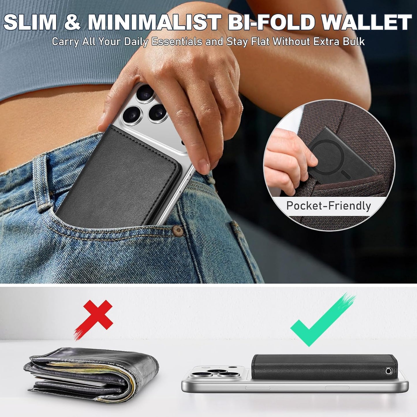 TUCCH for Magsafe Wallet with 6 Card Holders, RFID Blocking, Black | for iPhone 17/17e/16/15/14/13/12 Pro/Pro Max/Plus, Clear ID Window, Folio Magnetic Phone Wallet, PU Leather
