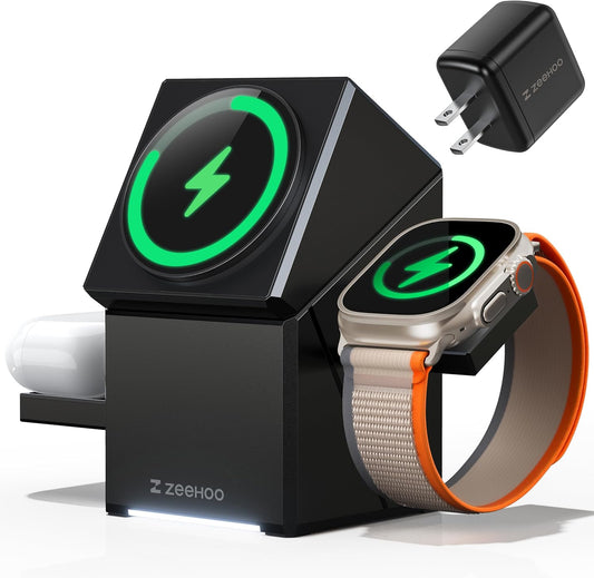 ZEEHOO 3 in 1 Charging Station, iPhone Charging Station for Apple MagSafe Charger, 15W Fast Wireless Charger, for Apple Watch, for iPhone 17,16 15,14,13,12 Series, AirPods (Black)