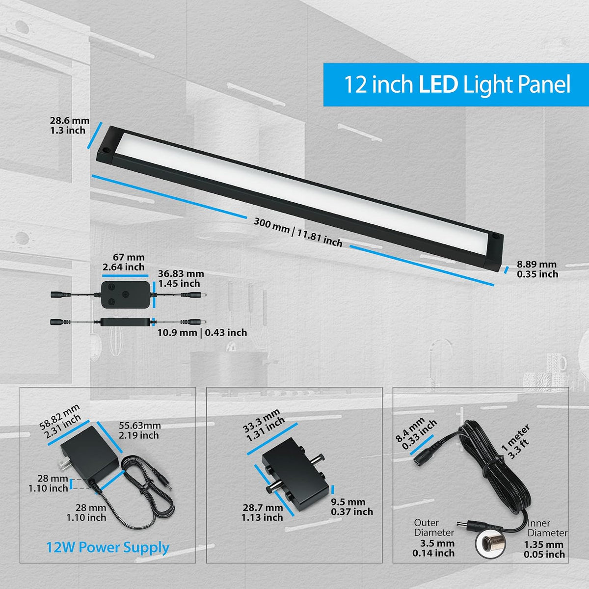 EShine 3 Pack 12 inch Black Smart Dimmable LED Under Cabinet Lighting Kit Compatible with Alexa, Google - Cool White (6000K)