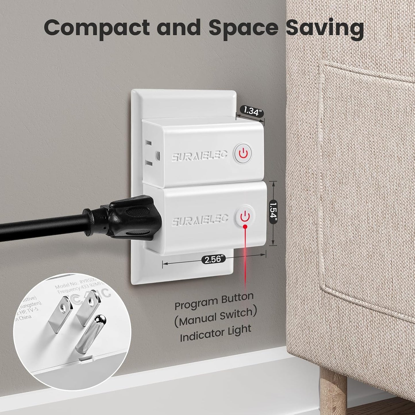 SURAIELEC Remote Control Outlet, Wireless Remote Light Switch, 100 FT, 15A/1875W, Expandable Indoor Compact Side Outlet Plug for Lamps, Fans, Christmas Trees, Small Appliances, 5 Outlets + 2 Remotes