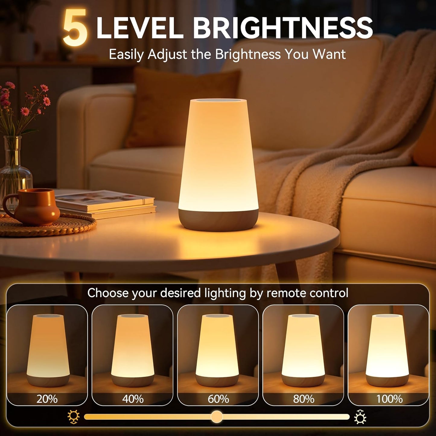 Auxmir Rechargeable Night Light, 13-Color Remote Control Lamp, Dark Brown | touch control, 13 colors, 5 brightness levels, 4 lighting modes, 1/2/4/6-hour auto-off, portable for nursery and camping