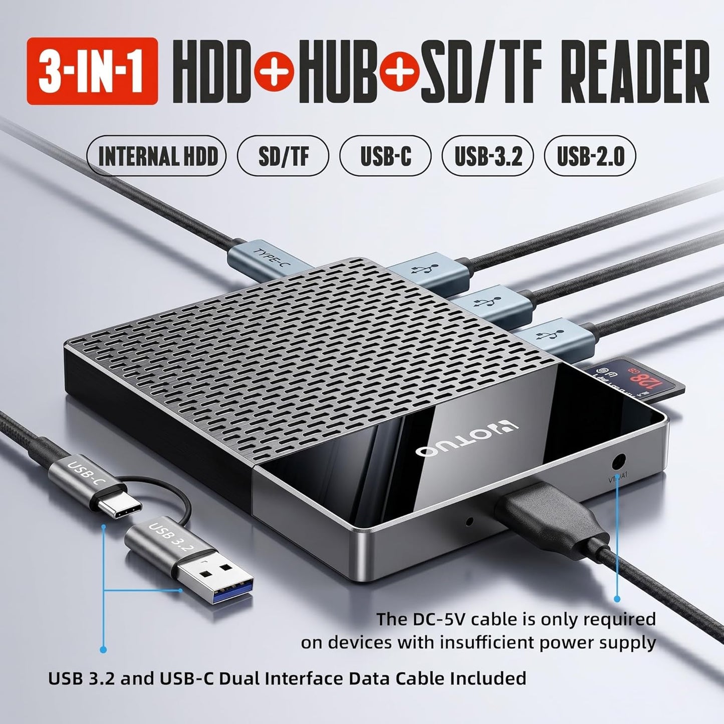 YOTUO 1TB External Hard Drive, USB C Multiport Hub HDD 7-in-1, USB 3.0, SD/TF Card Reader, Docking Station, Multi-Function HDD for Windows, Mac, Android, TV, iPhone 15/16/17, Laptop, Desktop, PC