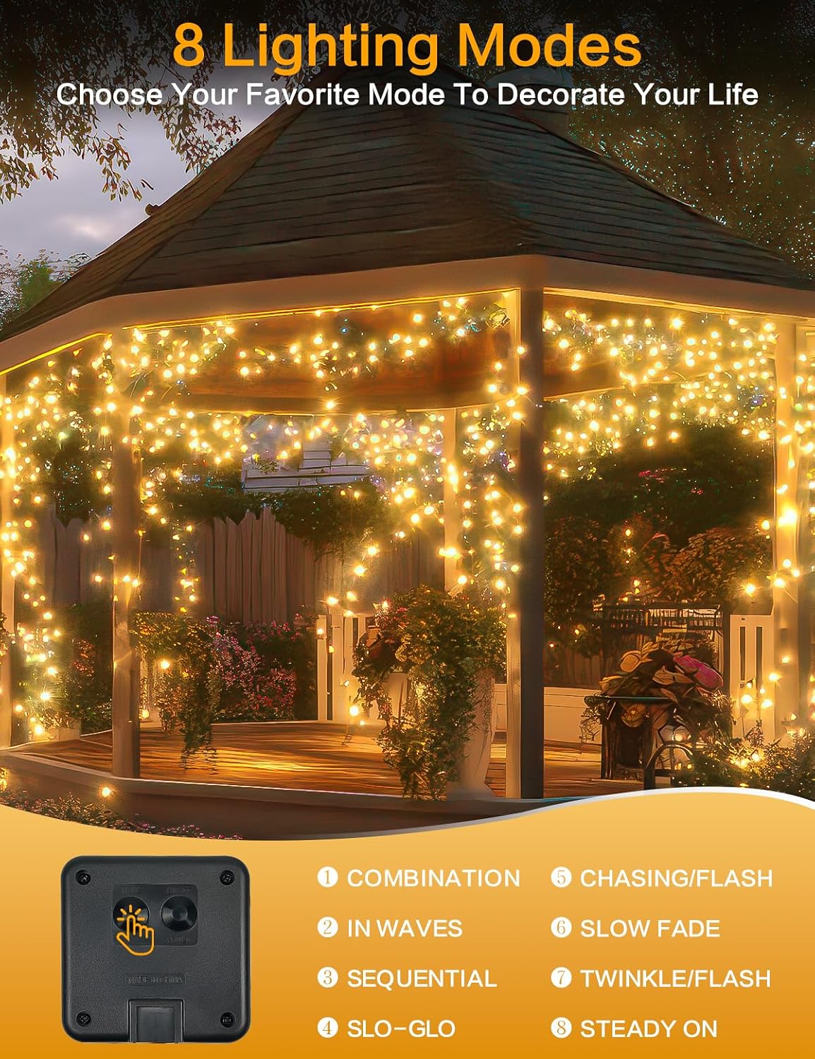 Solar String Lights Outdoor, 2 Pack 80 FT 200 LED Fairy Lights | Warm White, 8 Modes, Memory, Auto On/Off, IP65 Waterproof Copper Wire Twinkle Light for Garden Tree Patio Fence Wedding Decor