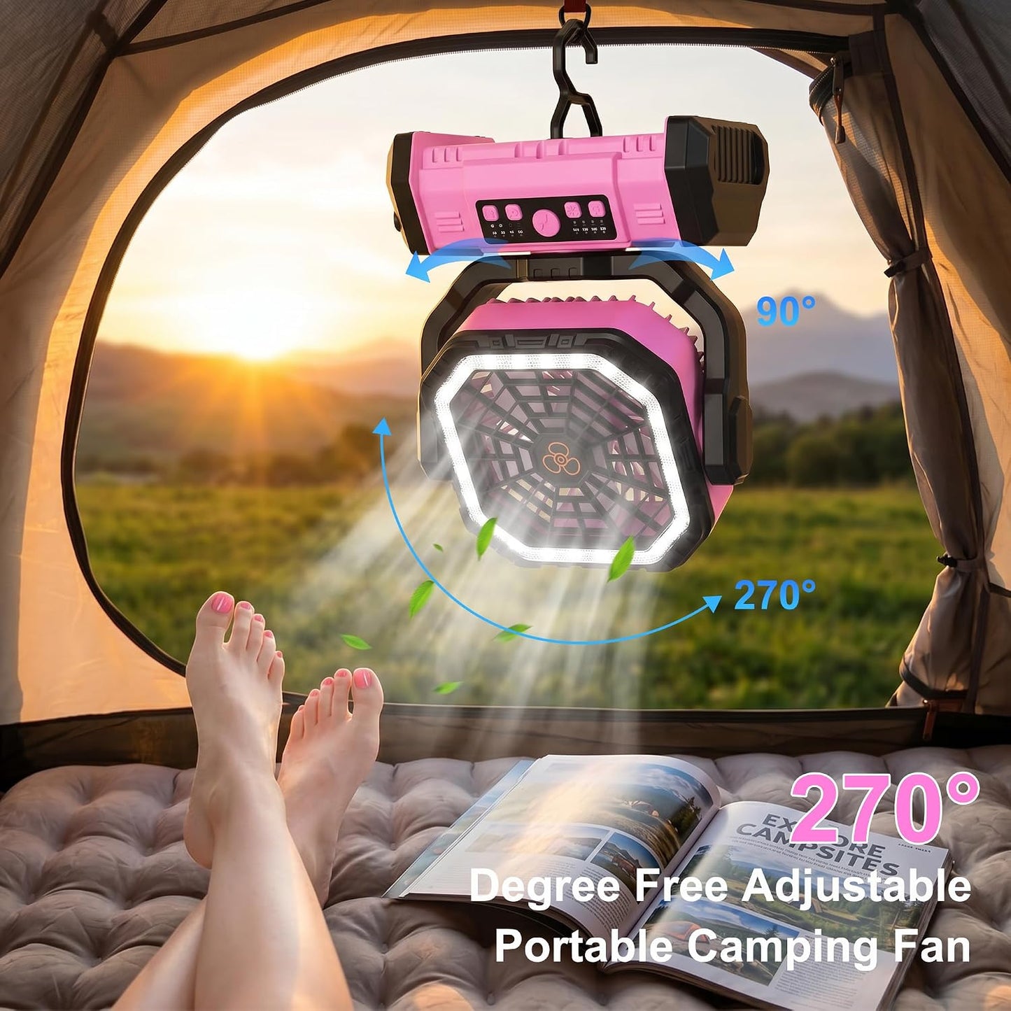 Honesorn 20000mAh Battery Operated Fan with LED Light & Remote, Pink | Up to 60H Runtime, 11-Inch, 45°/90°Oscillating, Hanging Hook, 4 Speeds, 8H Timer, USB-C Charging, for Tent, Travel, Outdoor