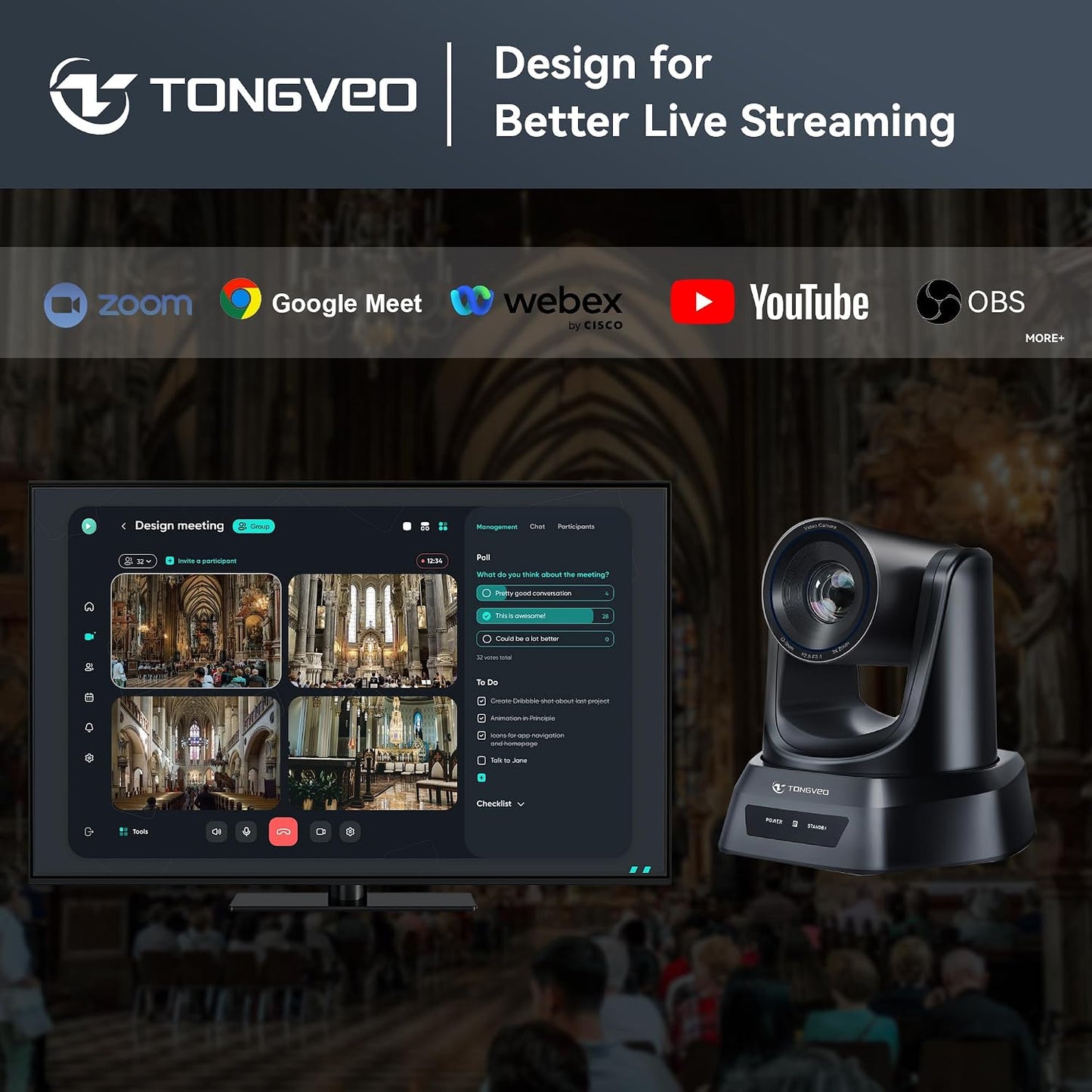 TONGVEO AI Wireless PTZ Camera System with Auto Tracking Built-in Receiver & Bluetooth Speakerphone, 5.8GHz 1080P 60fps Conference Camera with 3X Optical Zoom, for Church Zoom, OBS Meetings