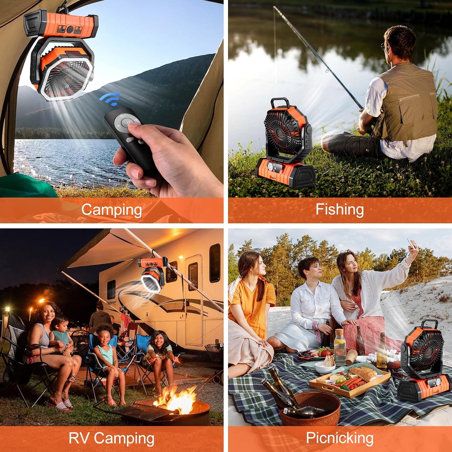 Odoland 30000mAh Camping Fan with LED Lantern, Rechargeable Battery Fan | Operated Oscillating Fan with Remote & Hook, Portable Tent Fan with Timer, 4 Speeds for Outdoor Camp RV Power Outage, Orange