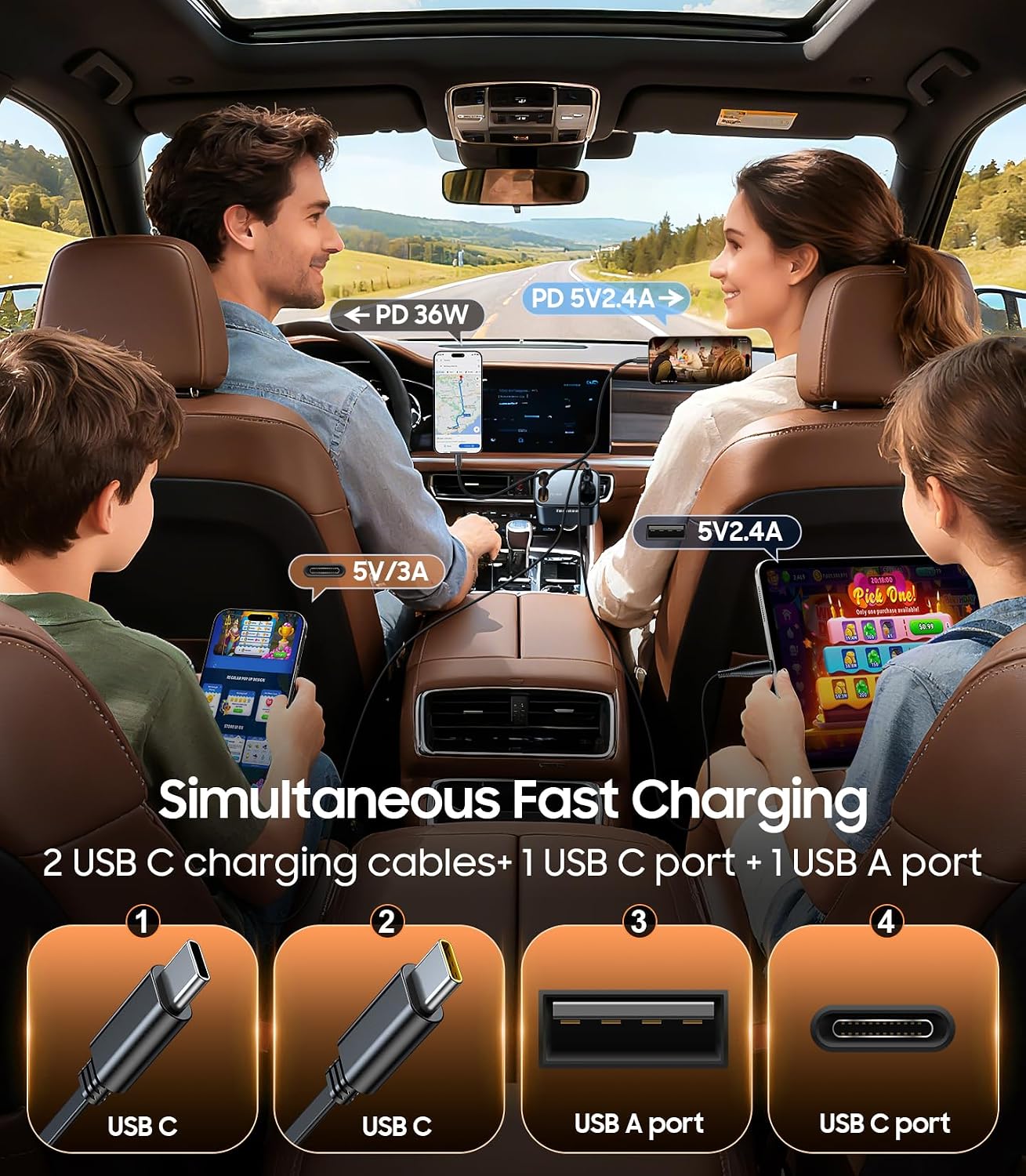 Retractable Car Charger,75W Fast Charger USB C Car Truck Accessories | Cigarette Lighter Adapter, Car Accessories, Birthday Gifts for Men Women Dad Mom Husband, for iPhone 15/16/17 Pro/17 Pro Max