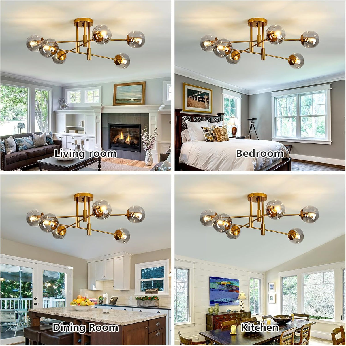 6-Lights Glass Globe Chandelier Modern Flush Mount Ceiling Light Fixture Gold Farmhouse Lighting for Dining Room Living Room Bedroom Kitchen Passageway.