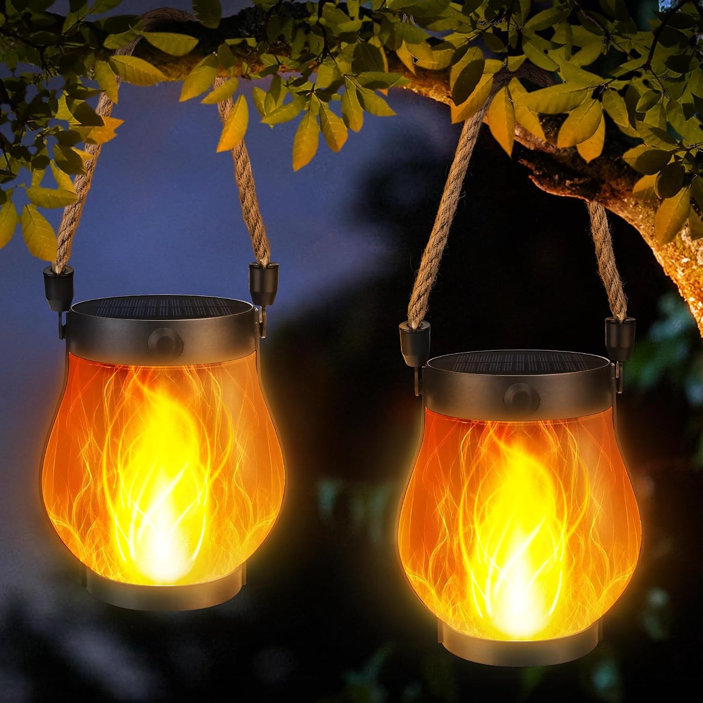 iBaycon 2 Pack Gen2 Solar Lantern Lights USB Ultra-Real Flame, Warm White | Solar Garden Lights with Solar & USB-C Dual Charging, 2 Modes Outdoor Waterproof Hanging Lantern for Patio Yard Home