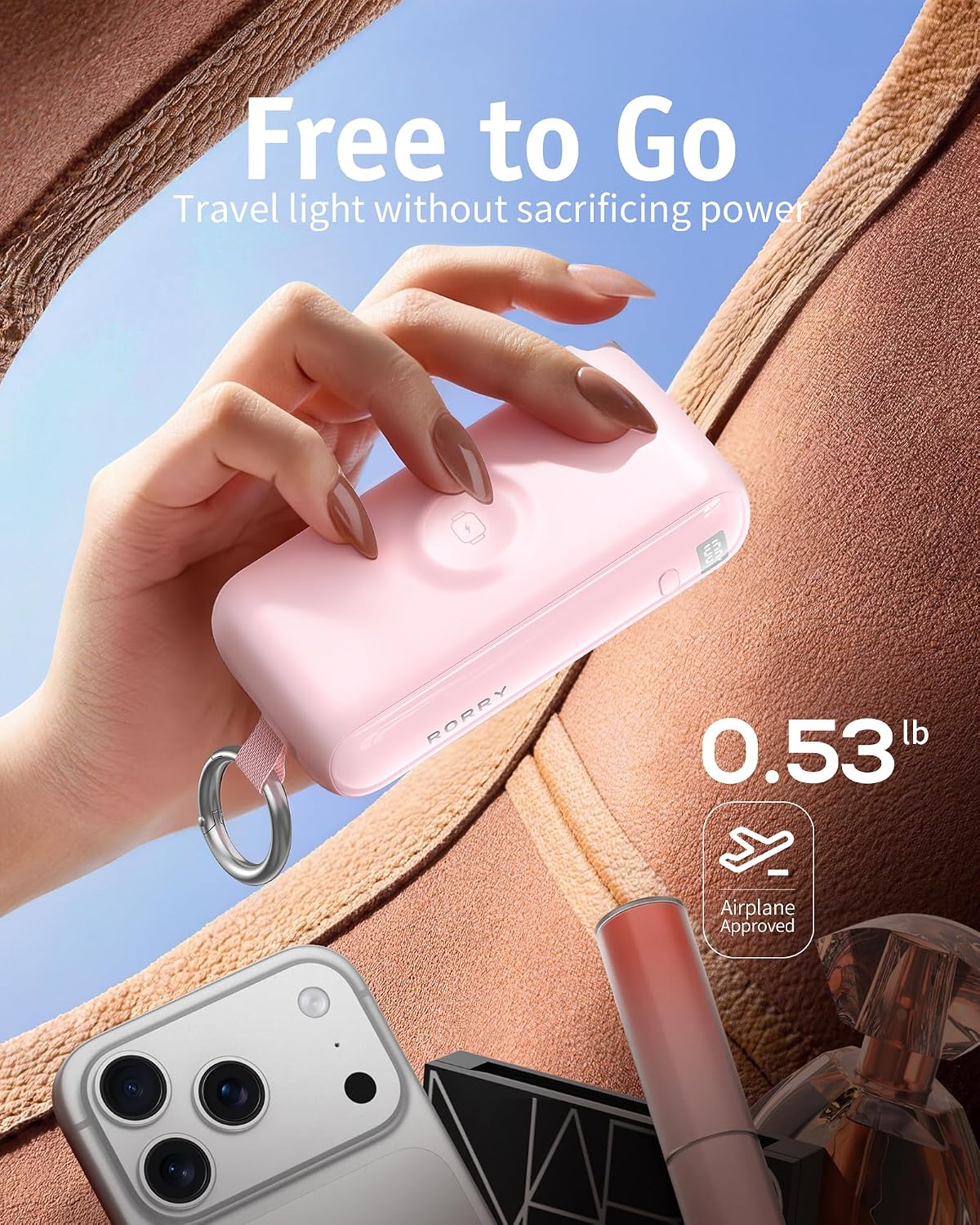 RORRY Flow Portable Charger 10000mAh 40W Wall Plug Power Bank Battery Pack | Built-in USB-C Cable, Keychain Design, Fast Charging, for iPhone 17/16/15, Apple Watch, iPad, 3-in-1, Travel Essential