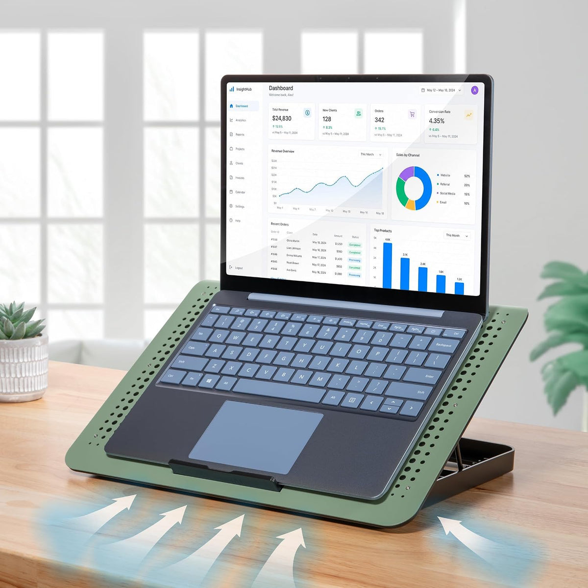 ENHANCE Aluminum Laptop Cooling Pad, 6-Fan Laptop Cooler Stand for 17 Inch Laptops, 7-Height Adjustable Riser with Fan Speed Control, USB Data Pass-Through, Modern Design for Home Office School (Sage)