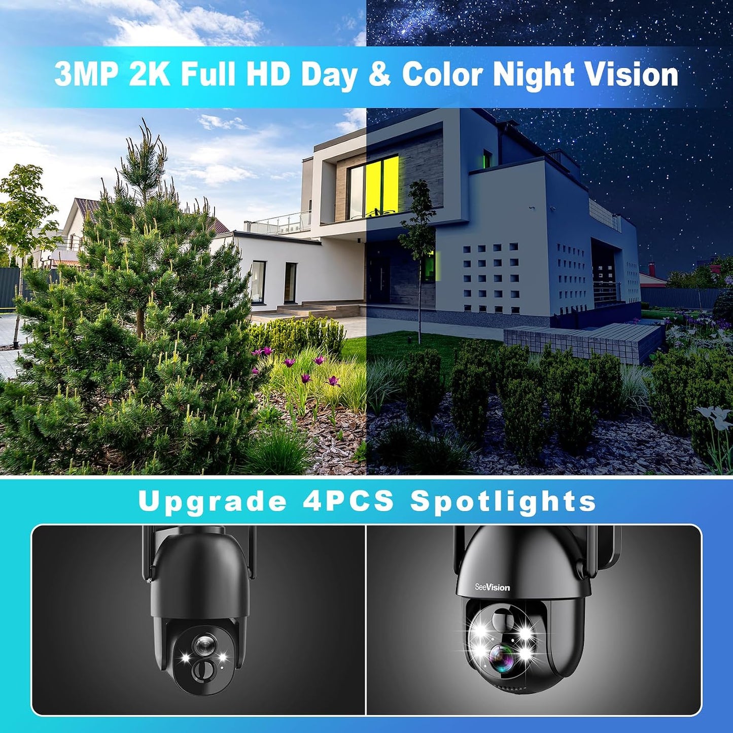 SeeVision Solar Security Cameras Wireless Outdoor, 2K PTZ WiFi 3MP Indoor Security Camera for Home with Spotlight, PIR Motion Detection,Siren, Color Night Vision, 2-Way Talk, SD/Cloud Storage