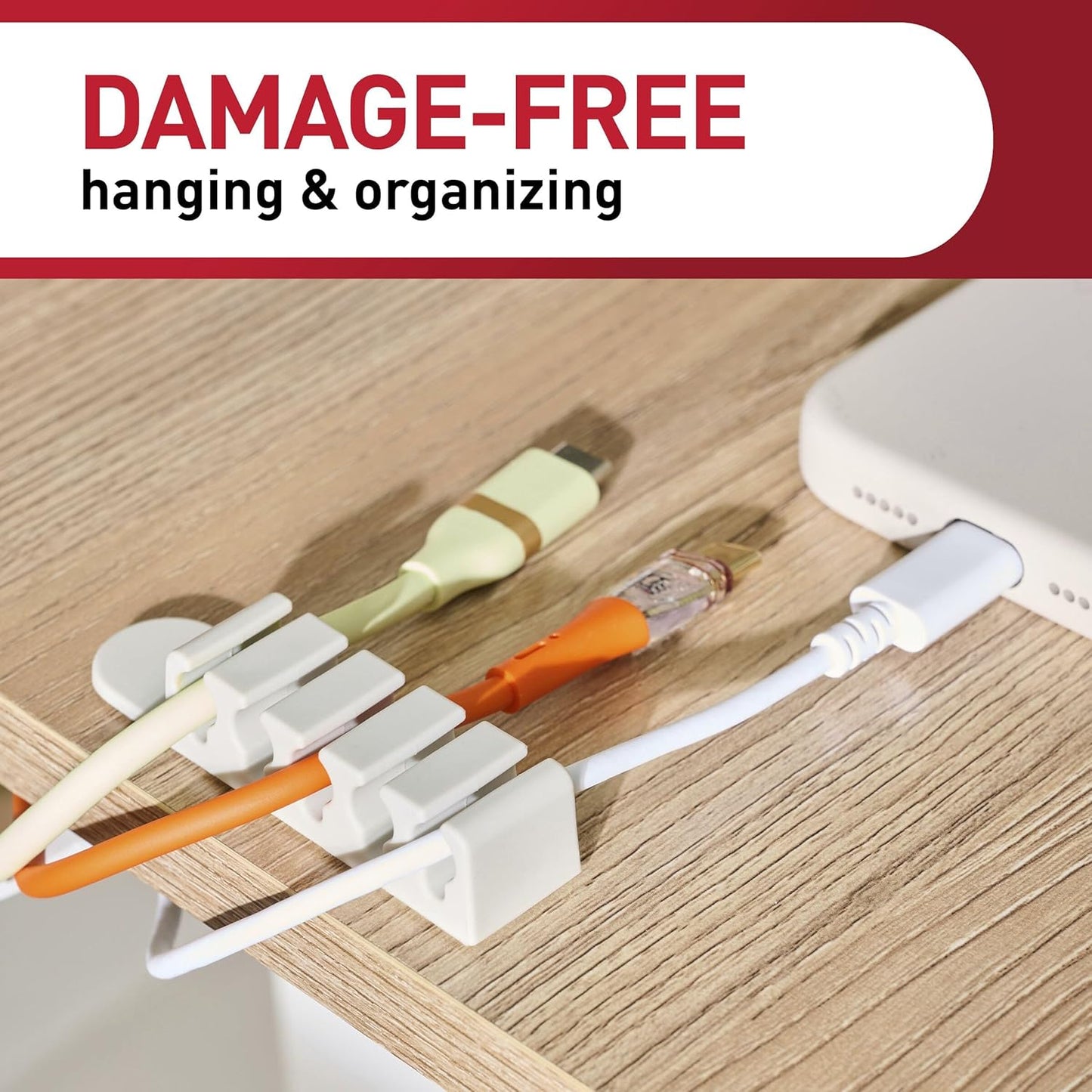 Command 5-Cord Clip Organizer, 4 Clips and 8 Medium Strips, White, 1 Clip Holds up to 5 Charding Cords, Great for Damage-Free Electronics Organization Under Desk or Wall Mount