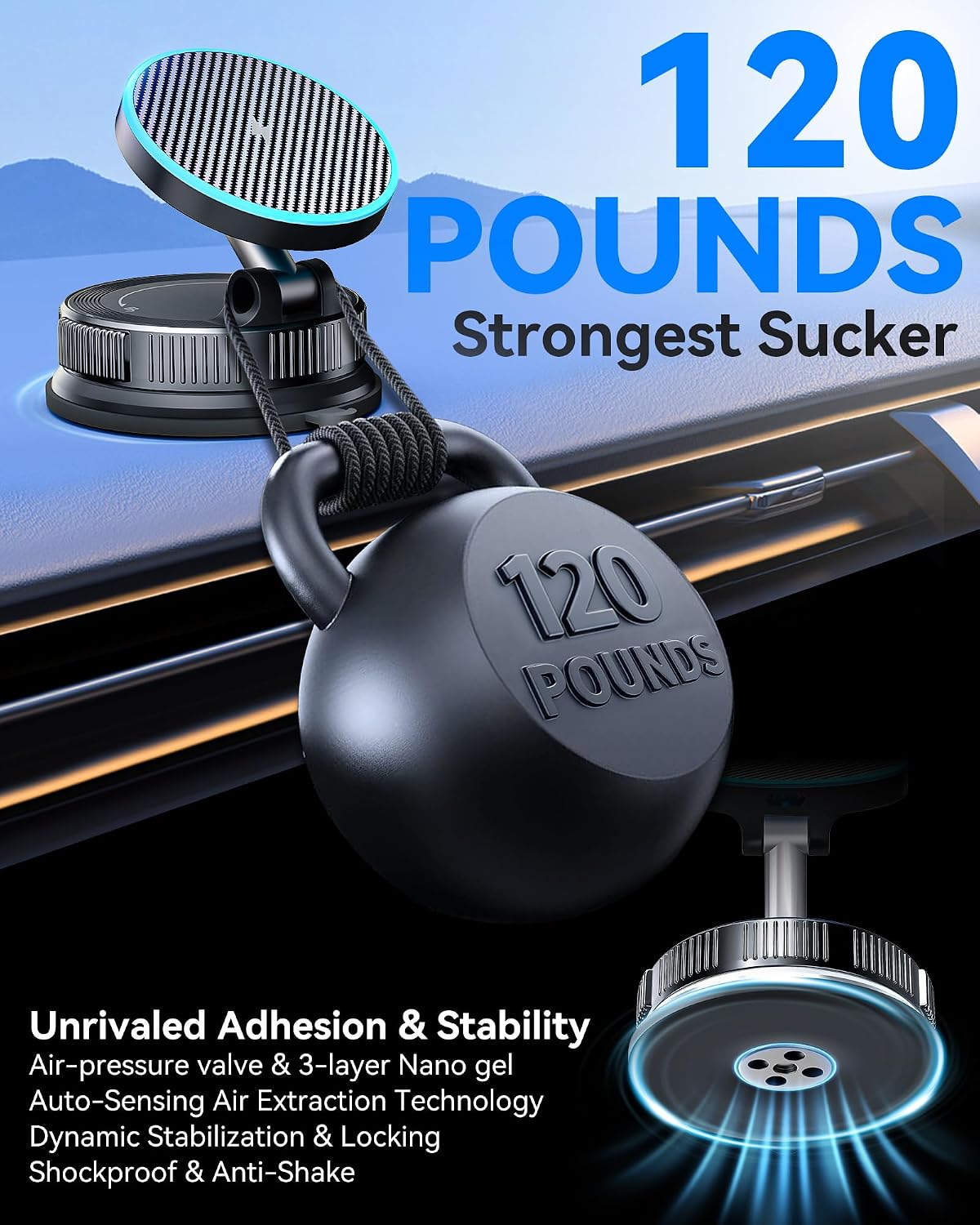15W MagSafe Car Mount Charger, Magnetic Wireless Car Charger with Vacuum Suction Cup & Nano Adhesive Base, 360° Rotatable Strong Hold Car Phone Mount for iPhone 17 16 15 14 13 12 Series, Samsung S26