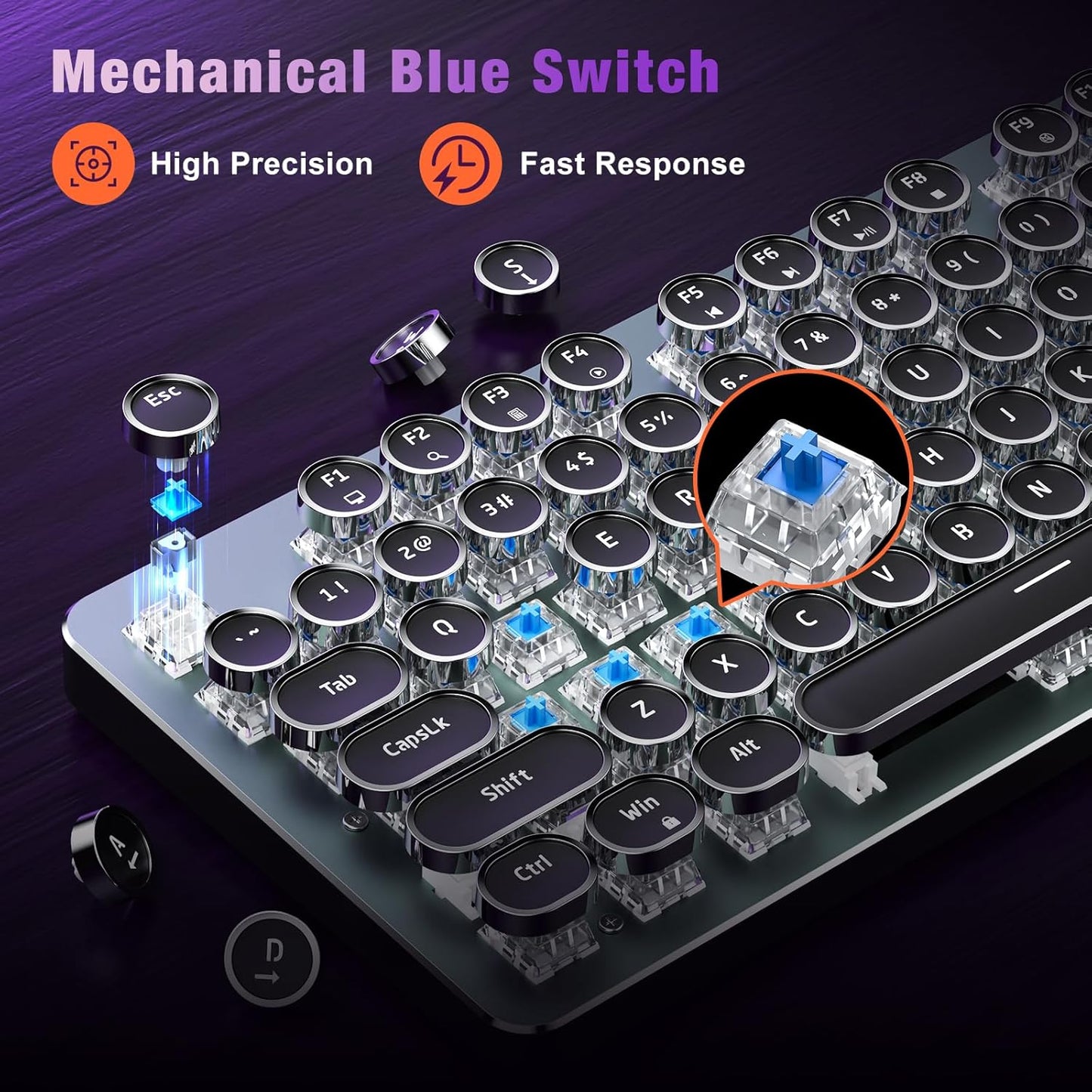 Typewriter Wired Mechanical Gaming Keyboard, Blue Switch LED Backlit | Metal Panel, Retro Punk Round Keycaps, 104 Keys Wired Keyboard for PC Laptop Mac Gamer, LED Rainbow Backlit,RisoPhy