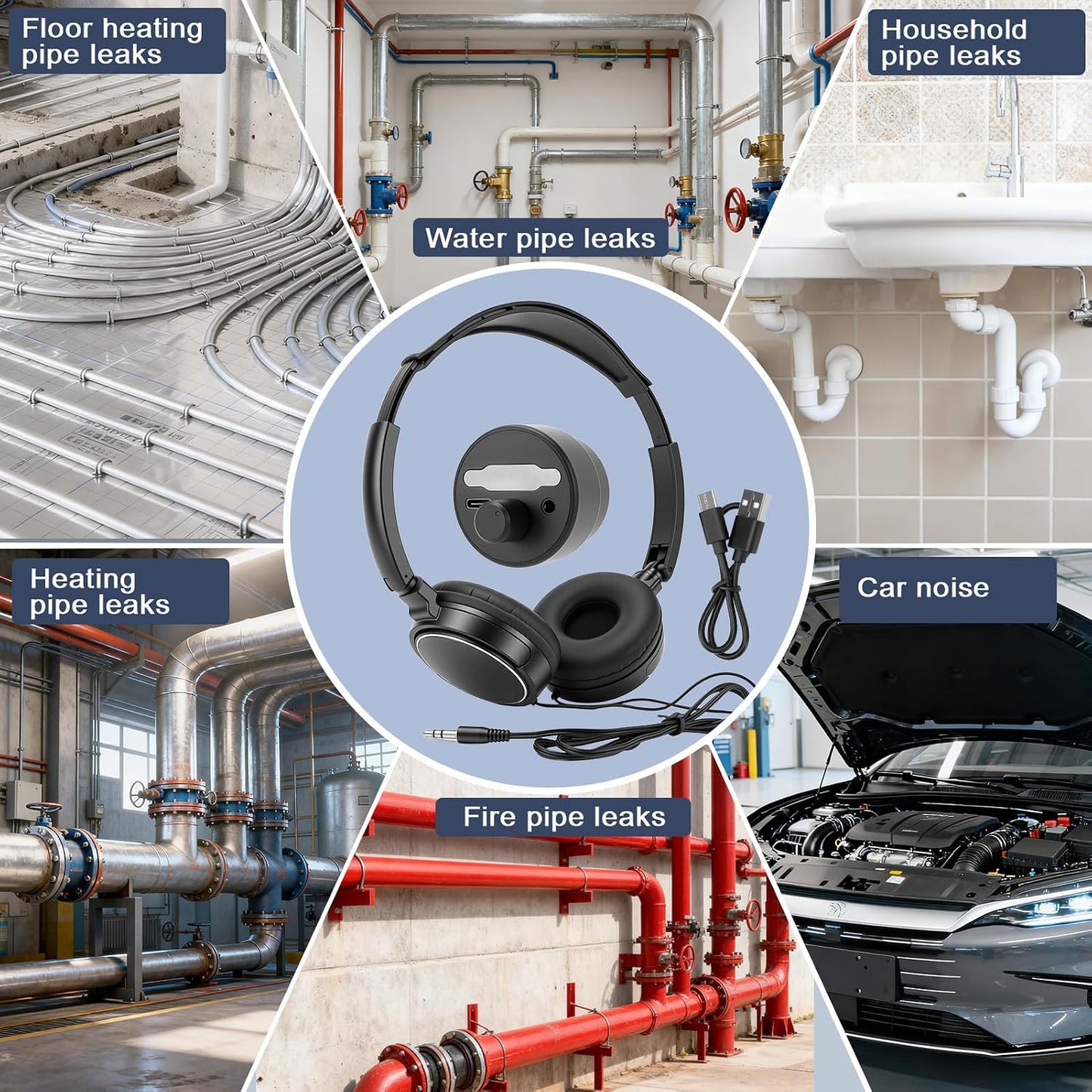Water Leak Detector,Underground Water Leak Detector With Headphones,Water Leak Detector Tool with 5 Detection Lights,High Sensitive Sound Intensifier Water Leak Detection Device (With Large Earphones)