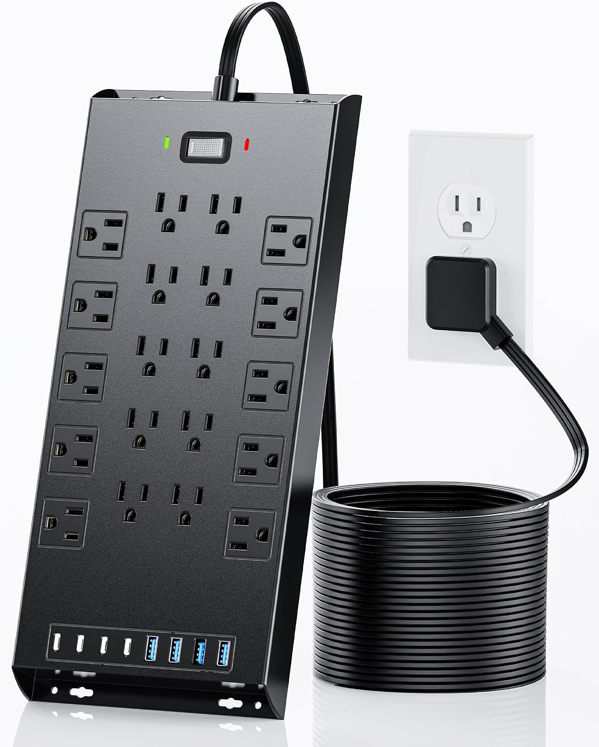 Surge Protector Power Strip 4800J, LeZone 10Ft Long Extension Cord Flat Plug, 12 Outlets 2 USB C 2 USB Ports, Wall Mountable, Desk Charging Station, Black