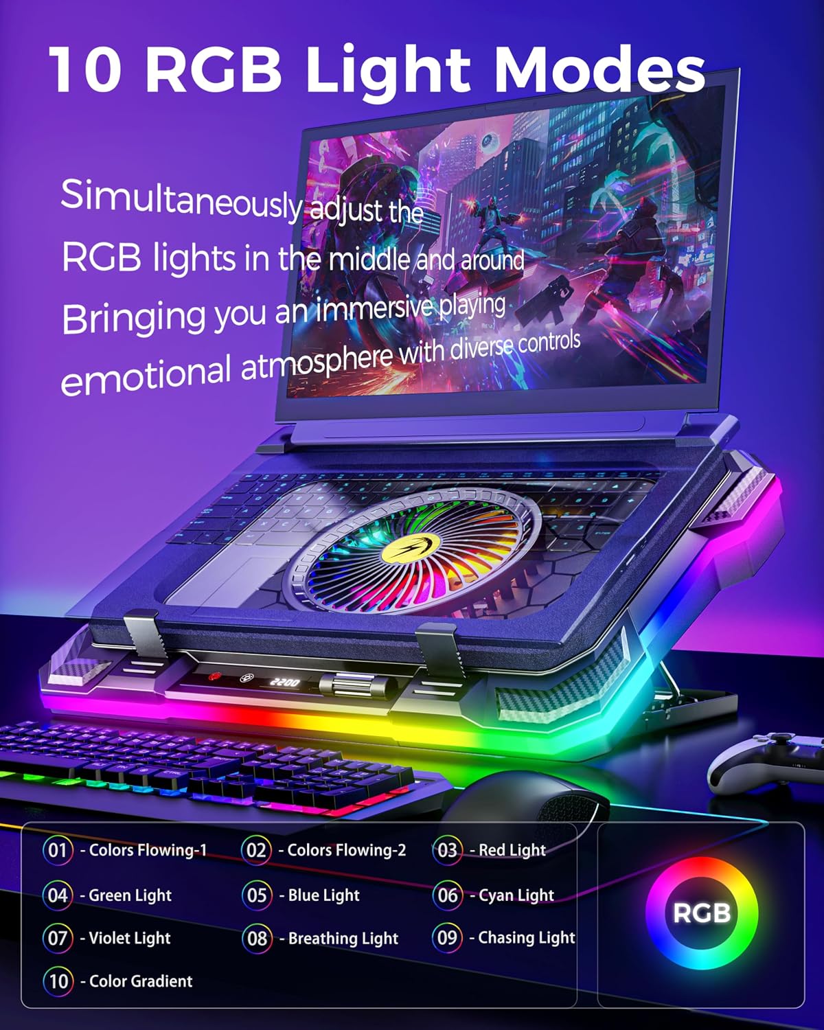 AICHESON Laptop Cooling Stand Gaming RGB Cooler for 15-19 inch Heavy Laptop | Gamer PC Computers Partner Fan with Full RGB Lights, 1 Big Powerful Fan Pull Up Stand Heat Dissipation